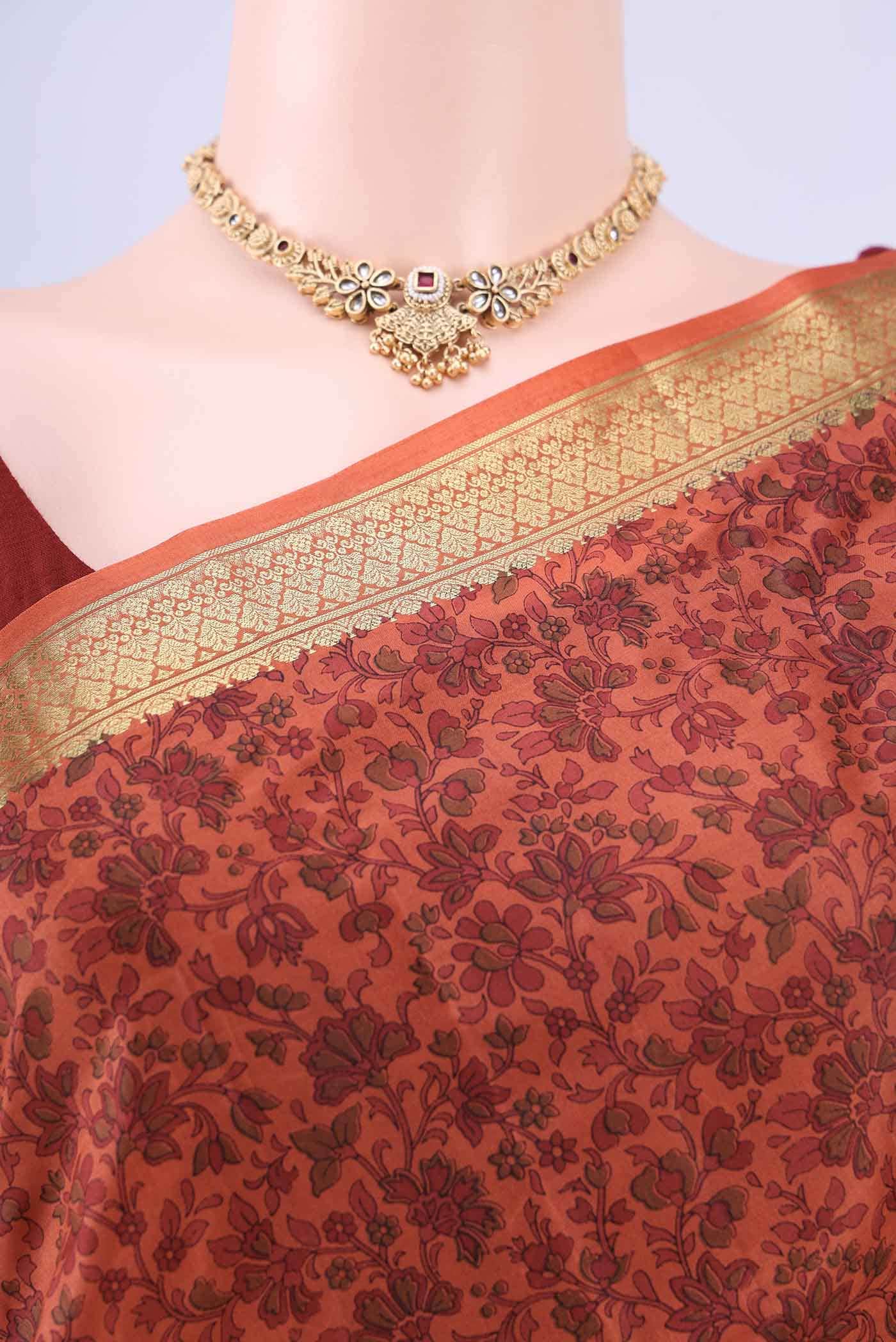 Rust Printed Silk Saree - Image 3