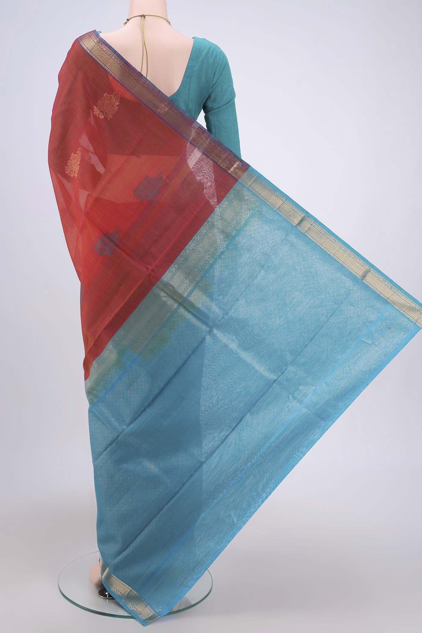 Pink with Orange Color Silk Cotton Saree - Image 3