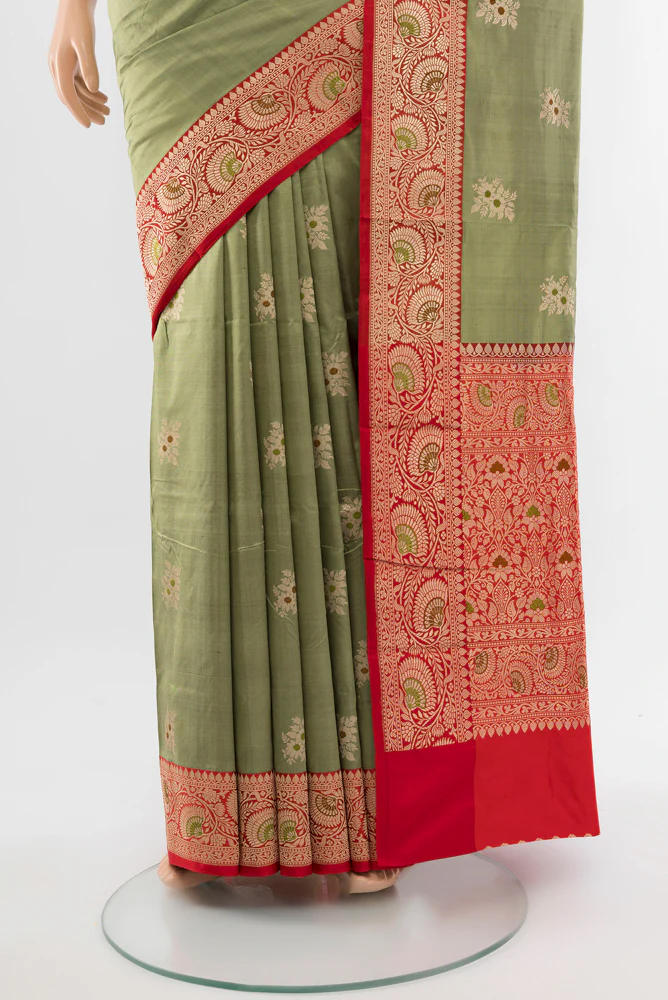 Sage Green Banarasi Katan Silk Saree - Image 3