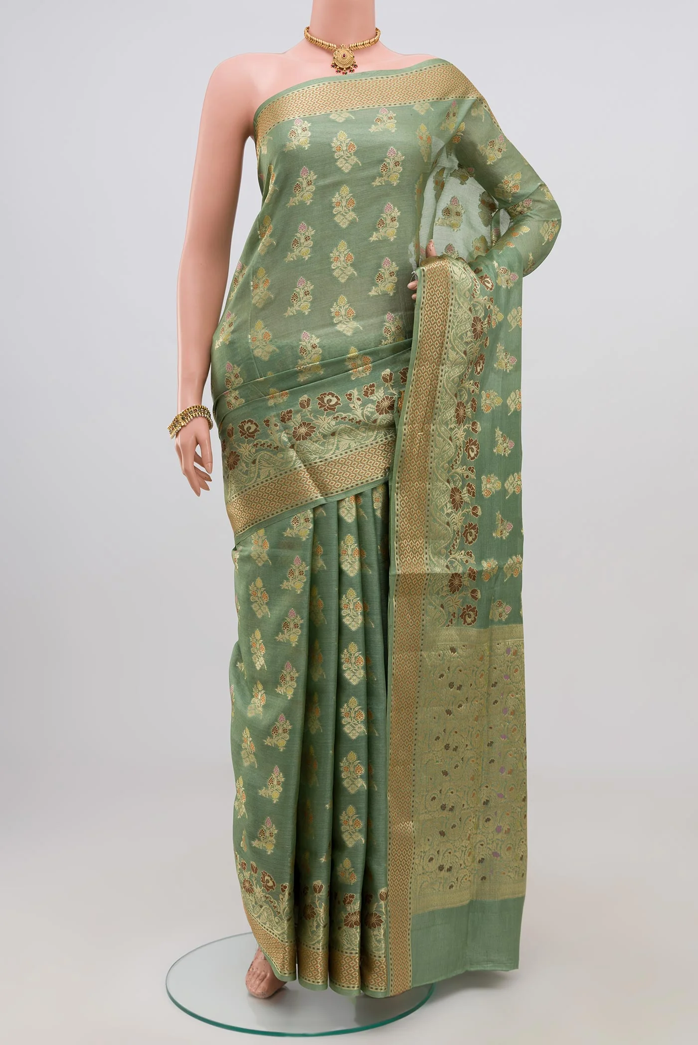 Sage Green Banarasi Tussar Silk Saree