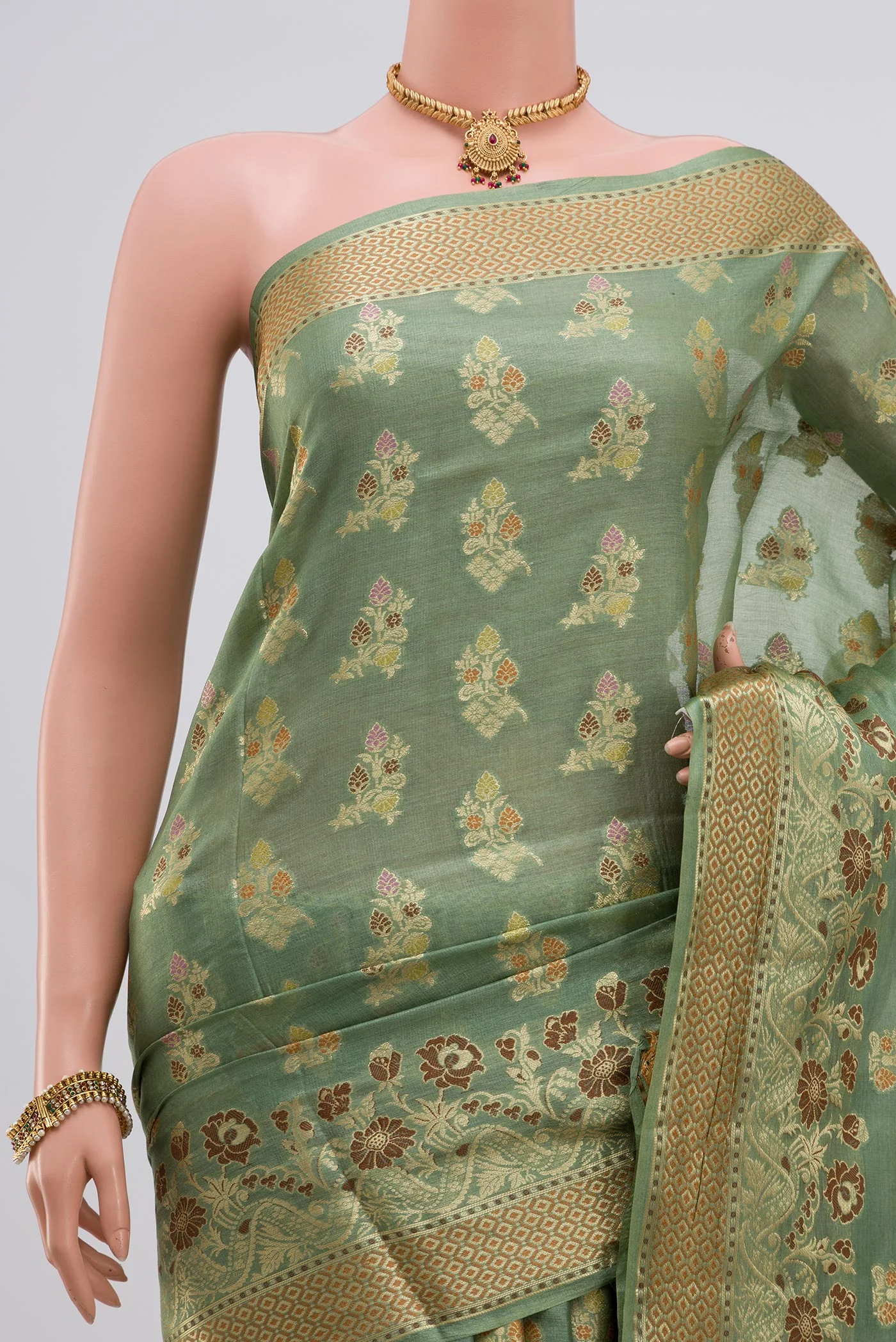 Sage Green Banarasi Tussar Silk Saree - Image 2