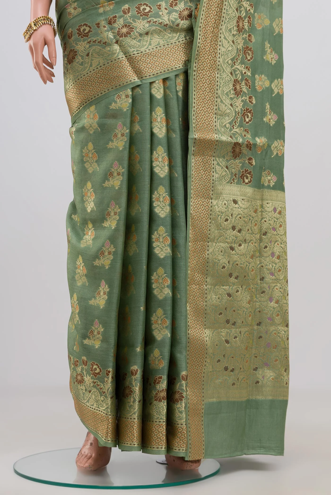 Sage Green Banarasi Tussar Silk Saree - Image 3