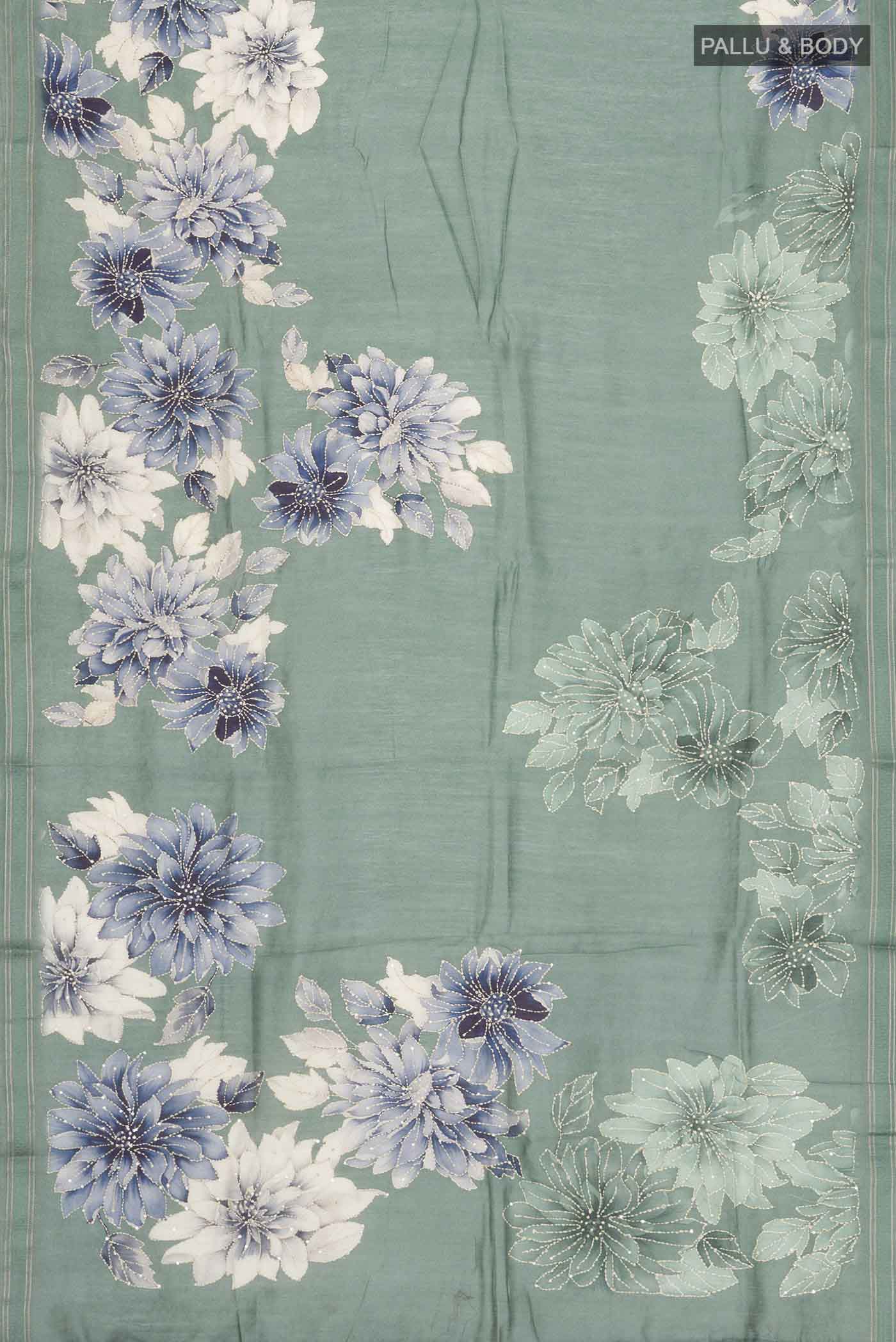 Sage Green Tussar Silk Saree - Image 5