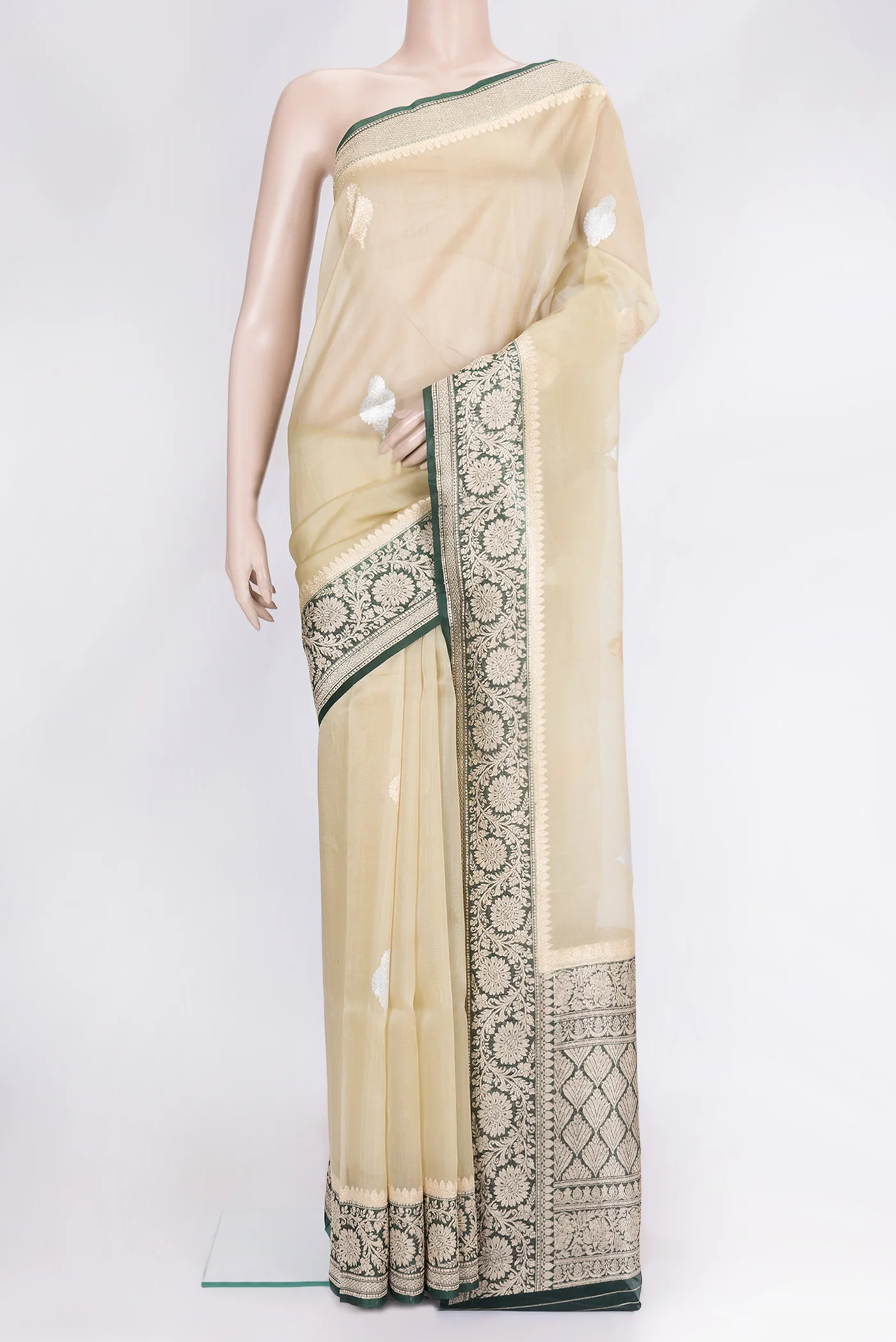 Cream Banarasi Kora Silk Saree