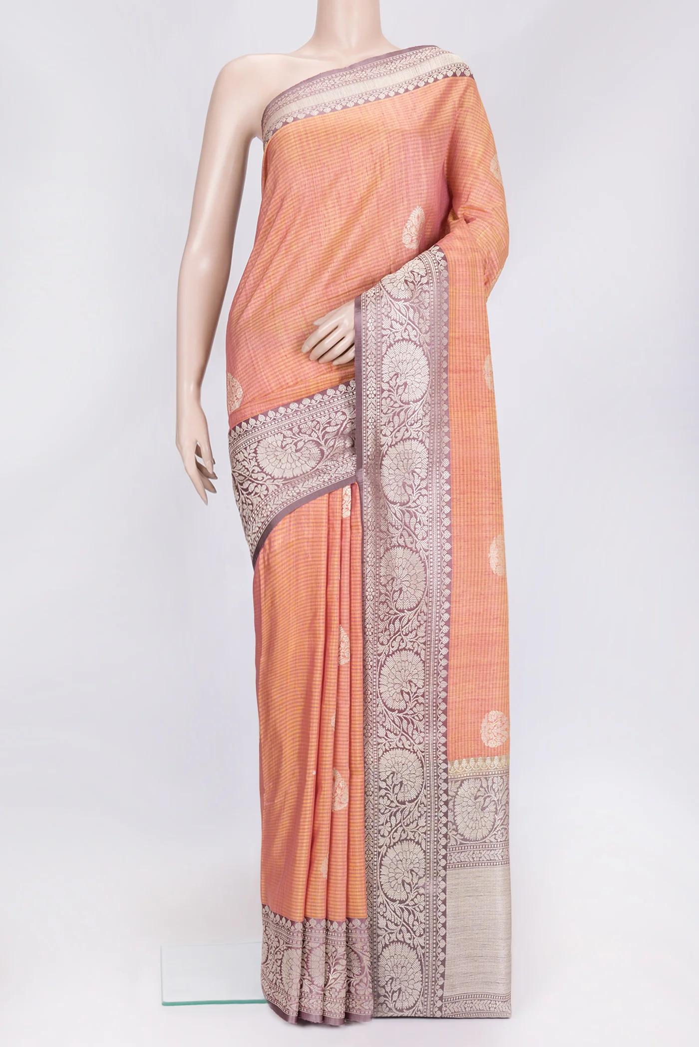 Pinkish Yellow Dual Tone Banarasi Tussar Silk Saree