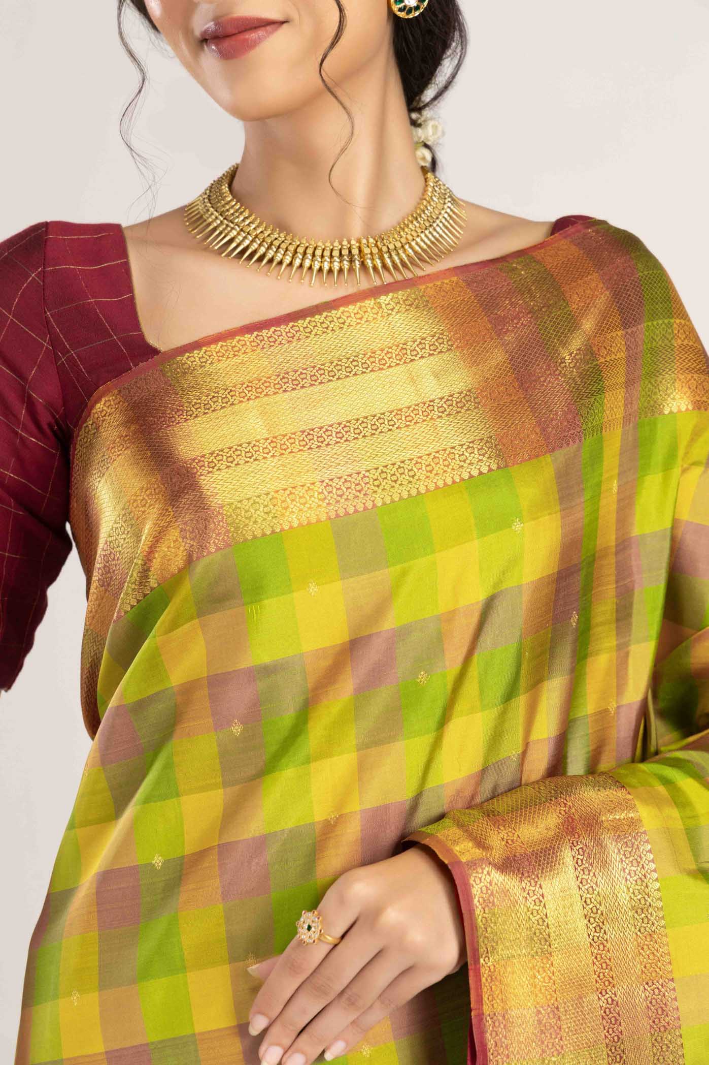 Saroja-Multi-Colored Checks Kanchipuram Silk Saree - Image 4