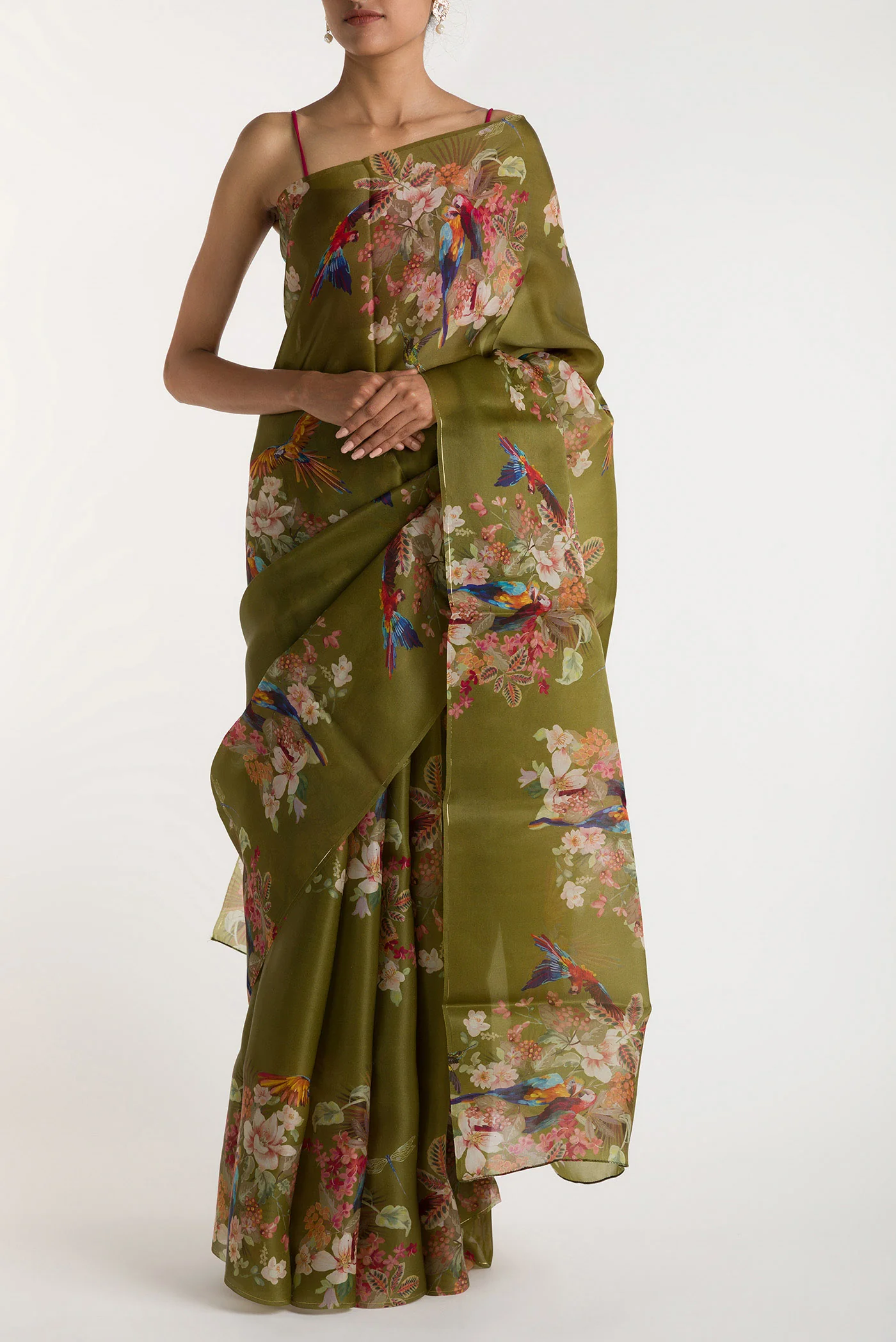 Scarlet Macaws- Olive Green Satin Organza Saree