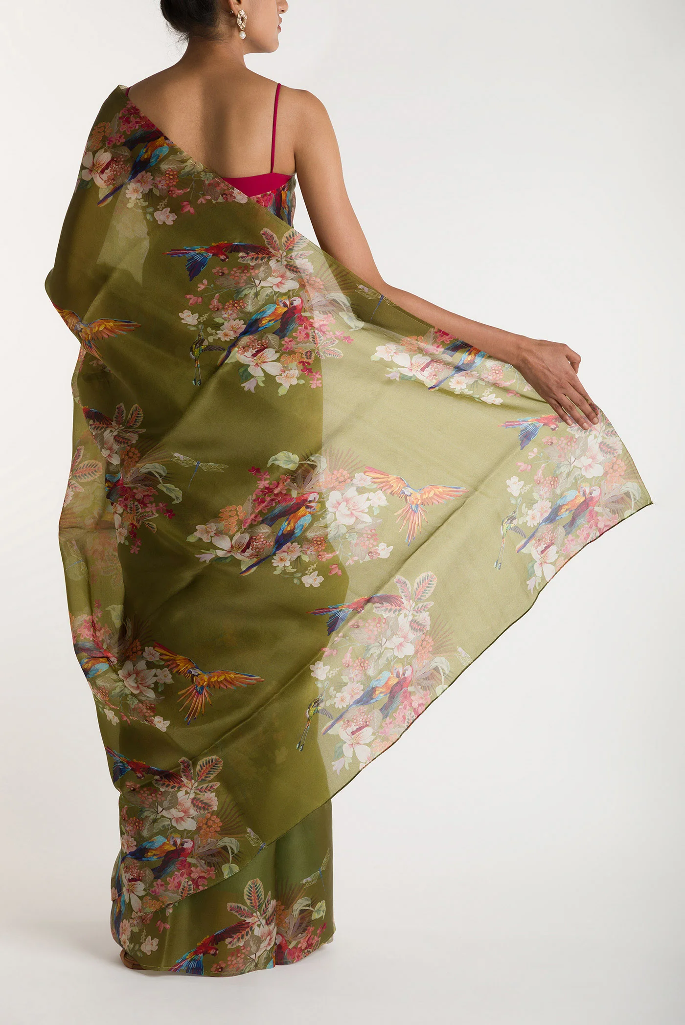 Scarlet Macaws- Olive Green Satin Organza Saree - Image 3