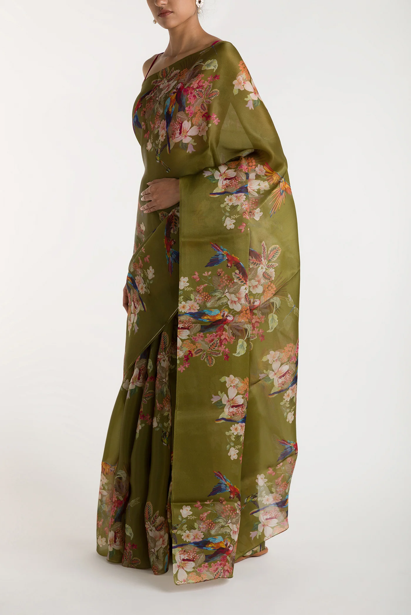 Scarlet Macaws- Olive Green Satin Organza Saree - Image 4