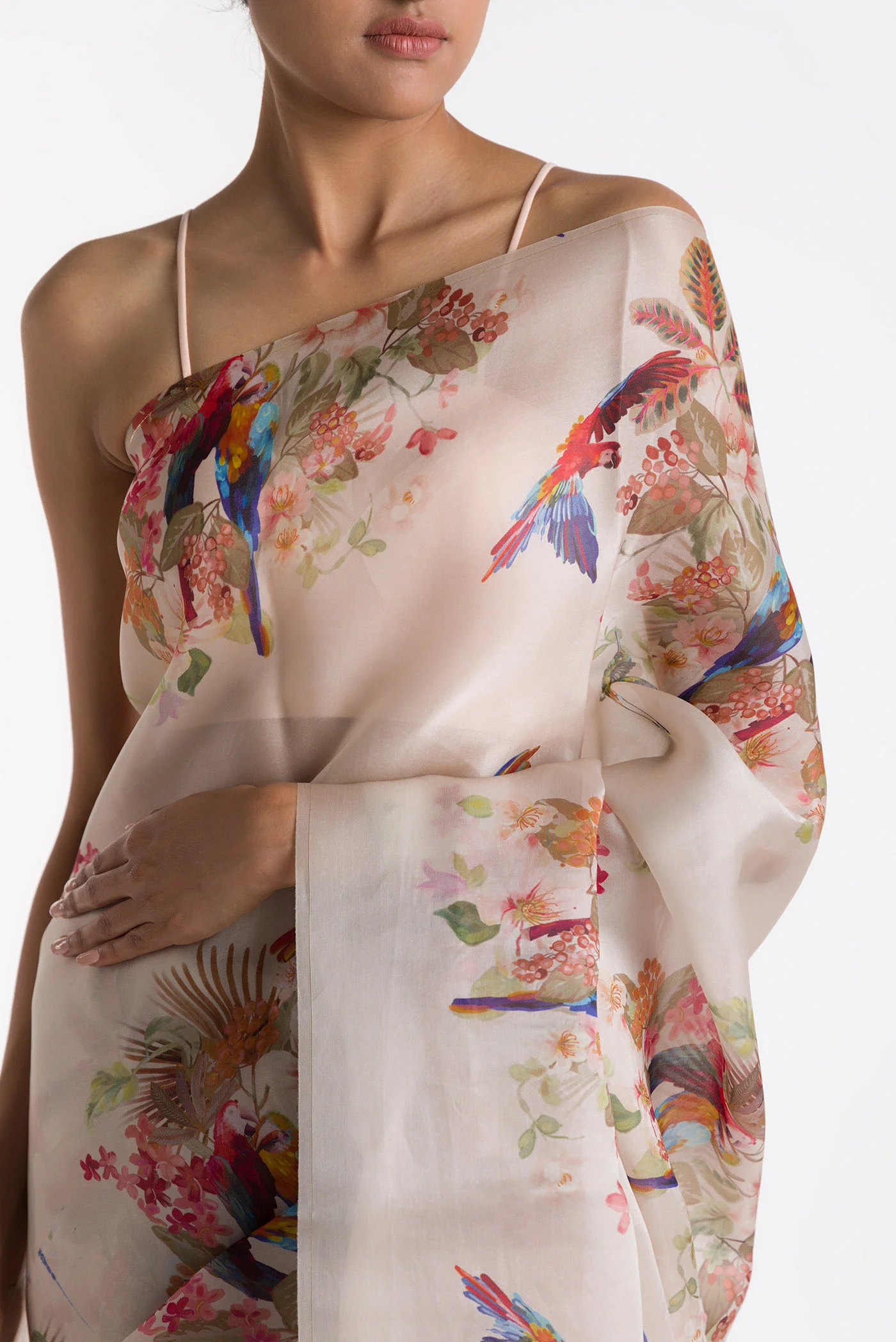Scarlet Macaws-White Satin Organza Saree - Image 2