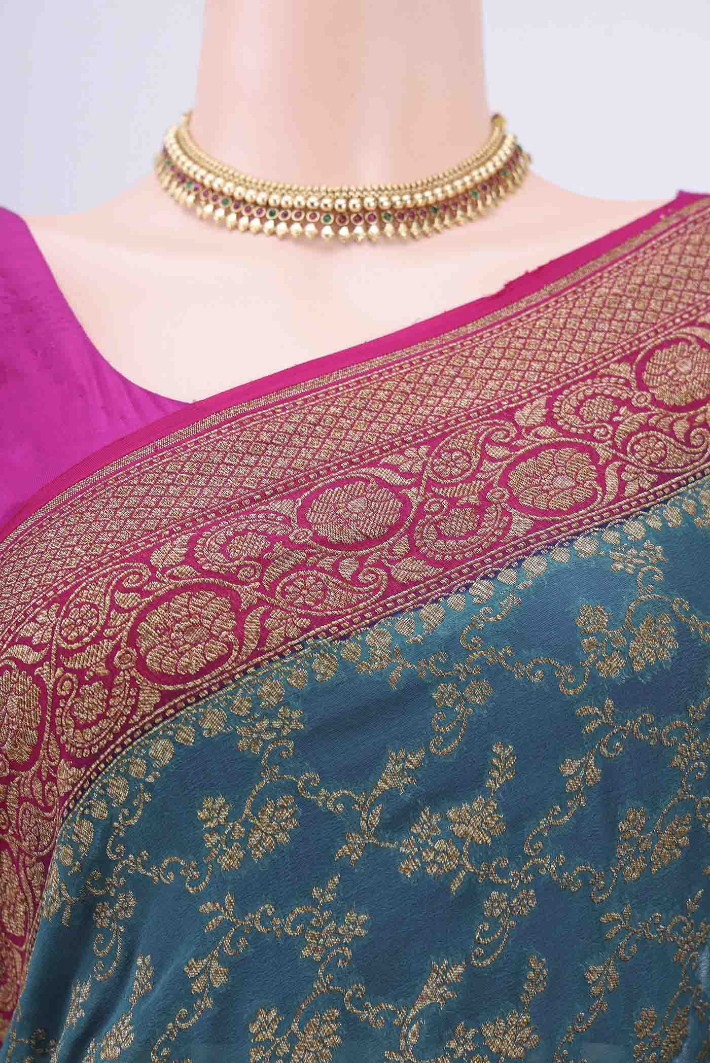 Peacock Blue Banarasi Georgette Saree - Image 2