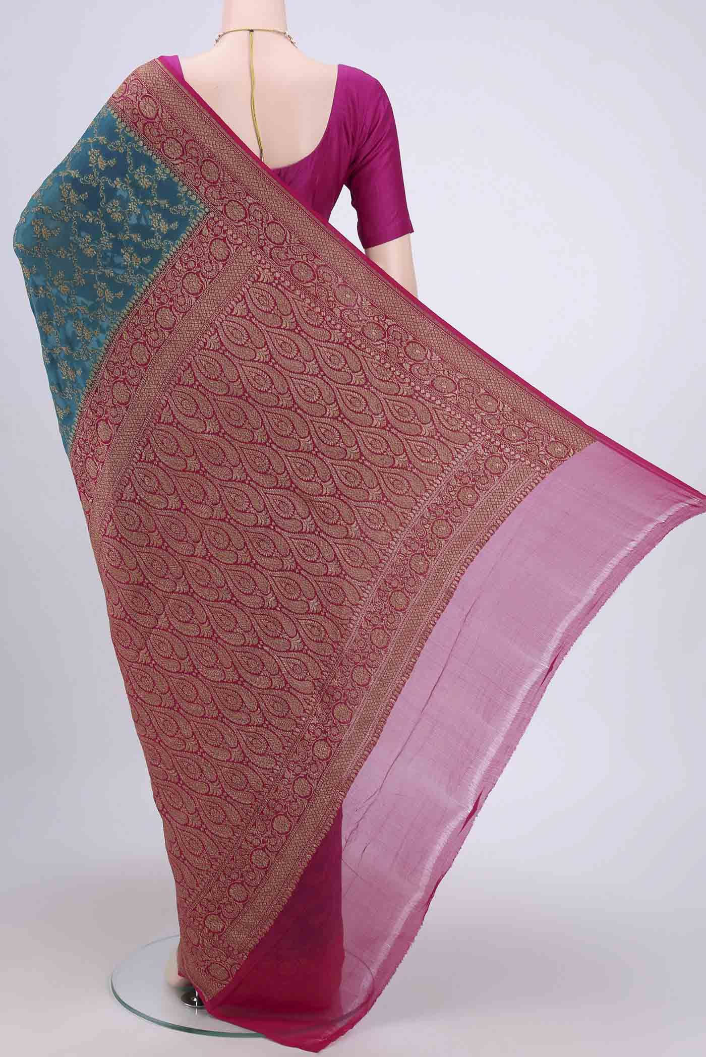 Peacock Blue Banarasi Georgette Saree - Image 3