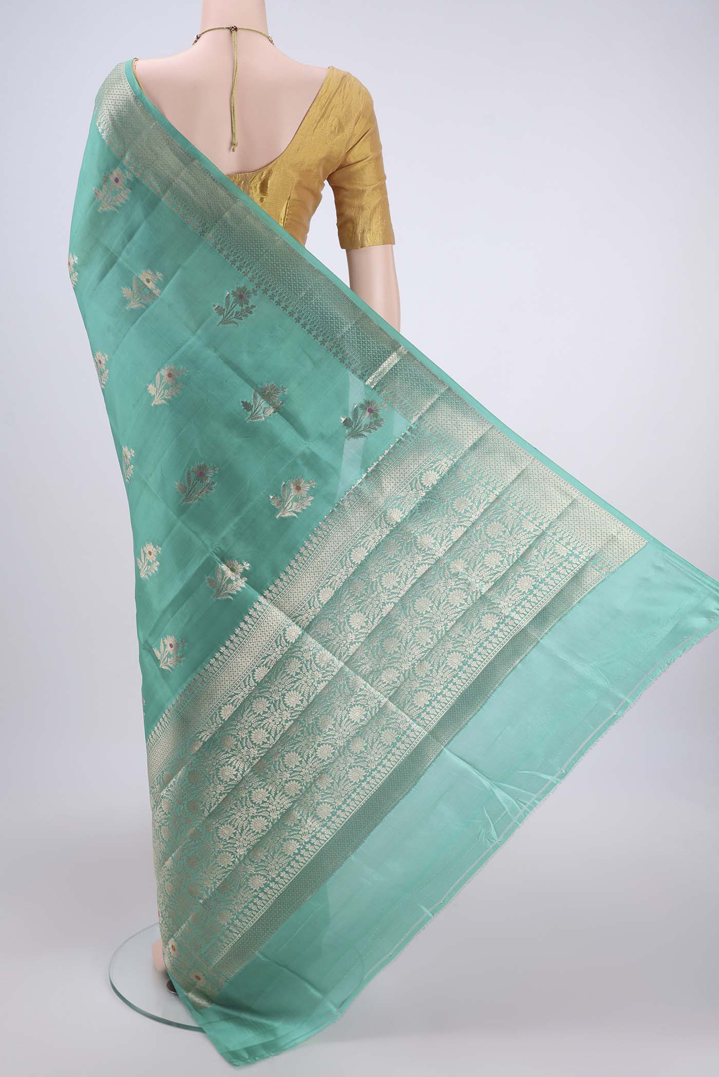 Turquoise Banarasi Raw Silk Saree - Image 3