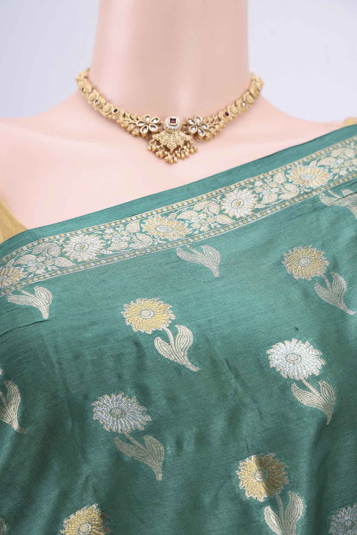 Green Banarasi Tussar Silk Saree - Image 2