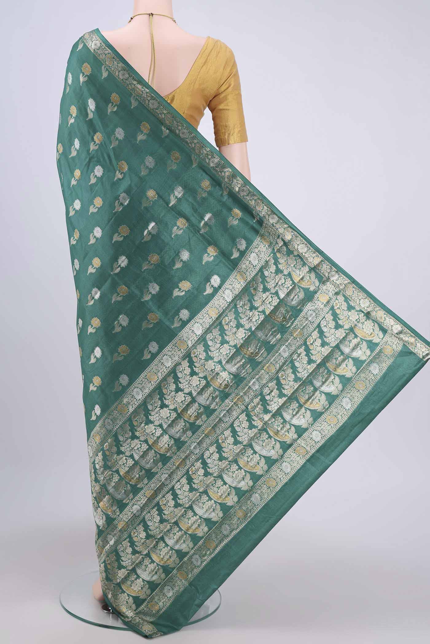 Green Banarasi Tussar Silk Saree - Image 3