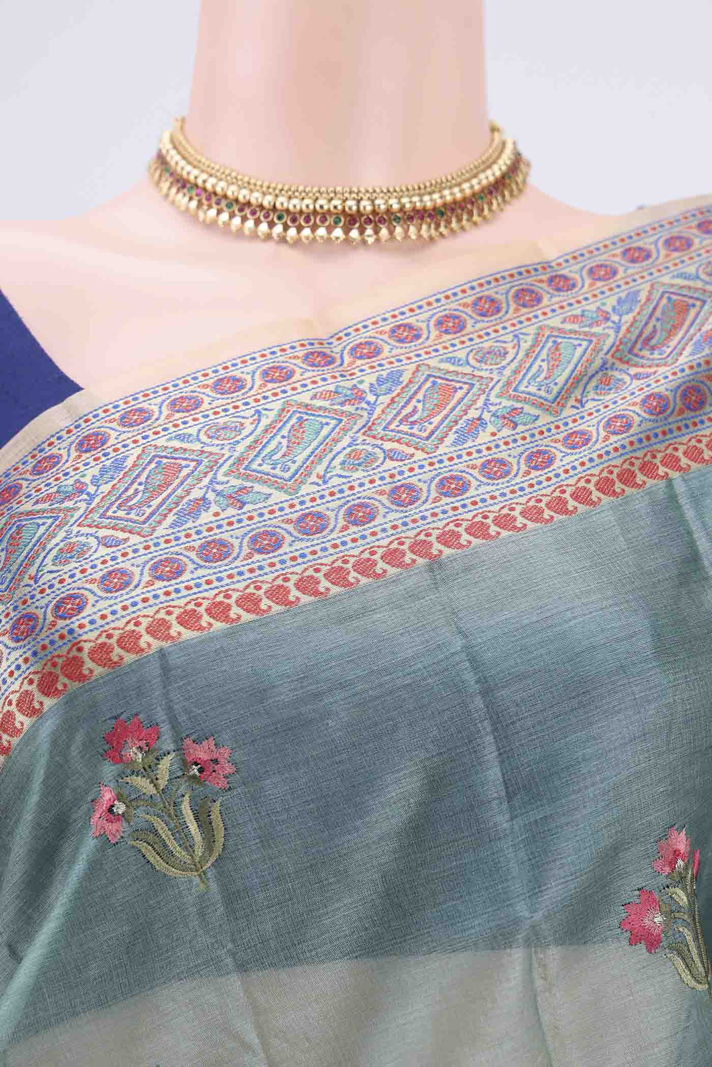 Blue Grey Banarasi Tussar Silk Saree - Image 2