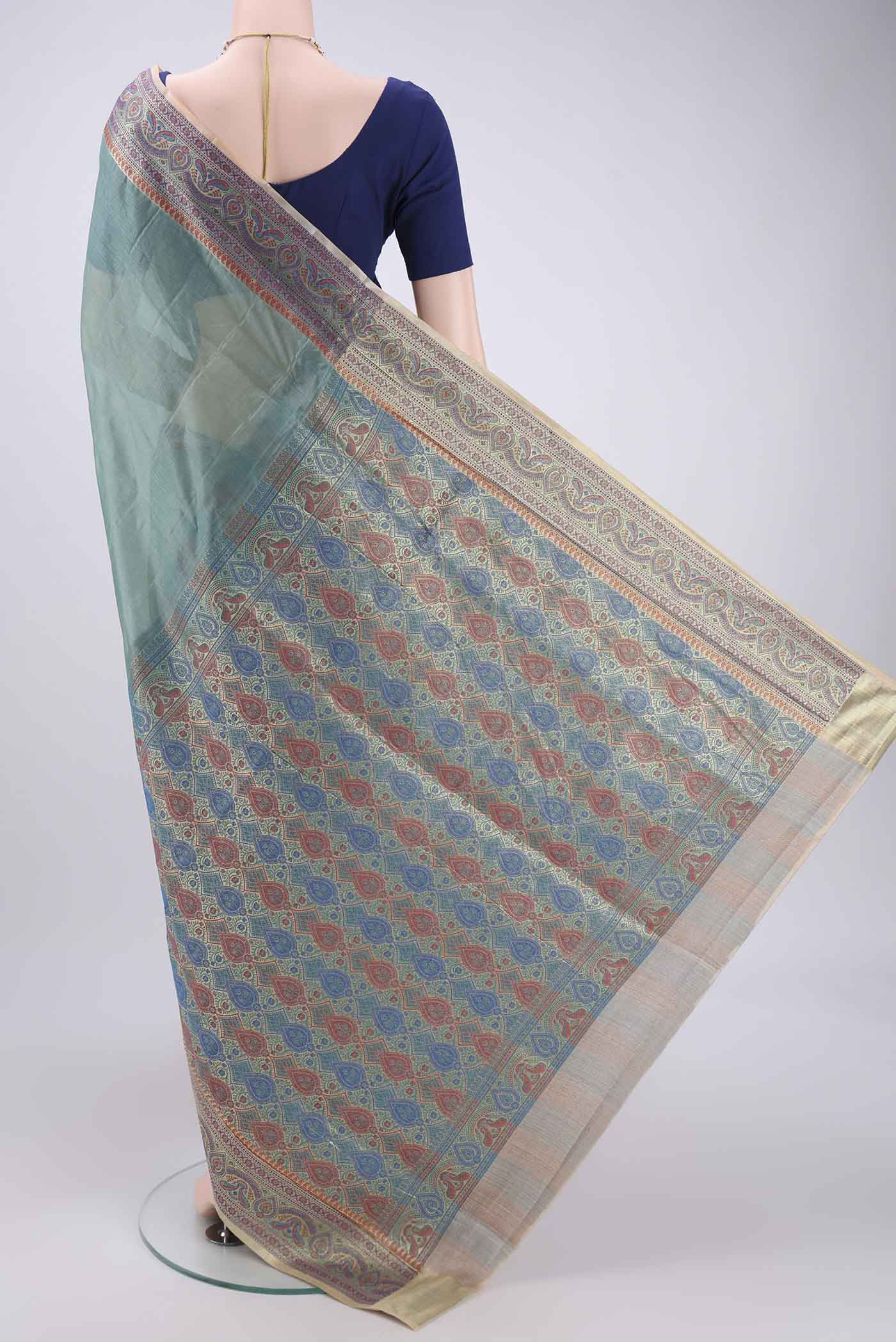 Blue Grey Banarasi Tussar Silk Saree - Image 3