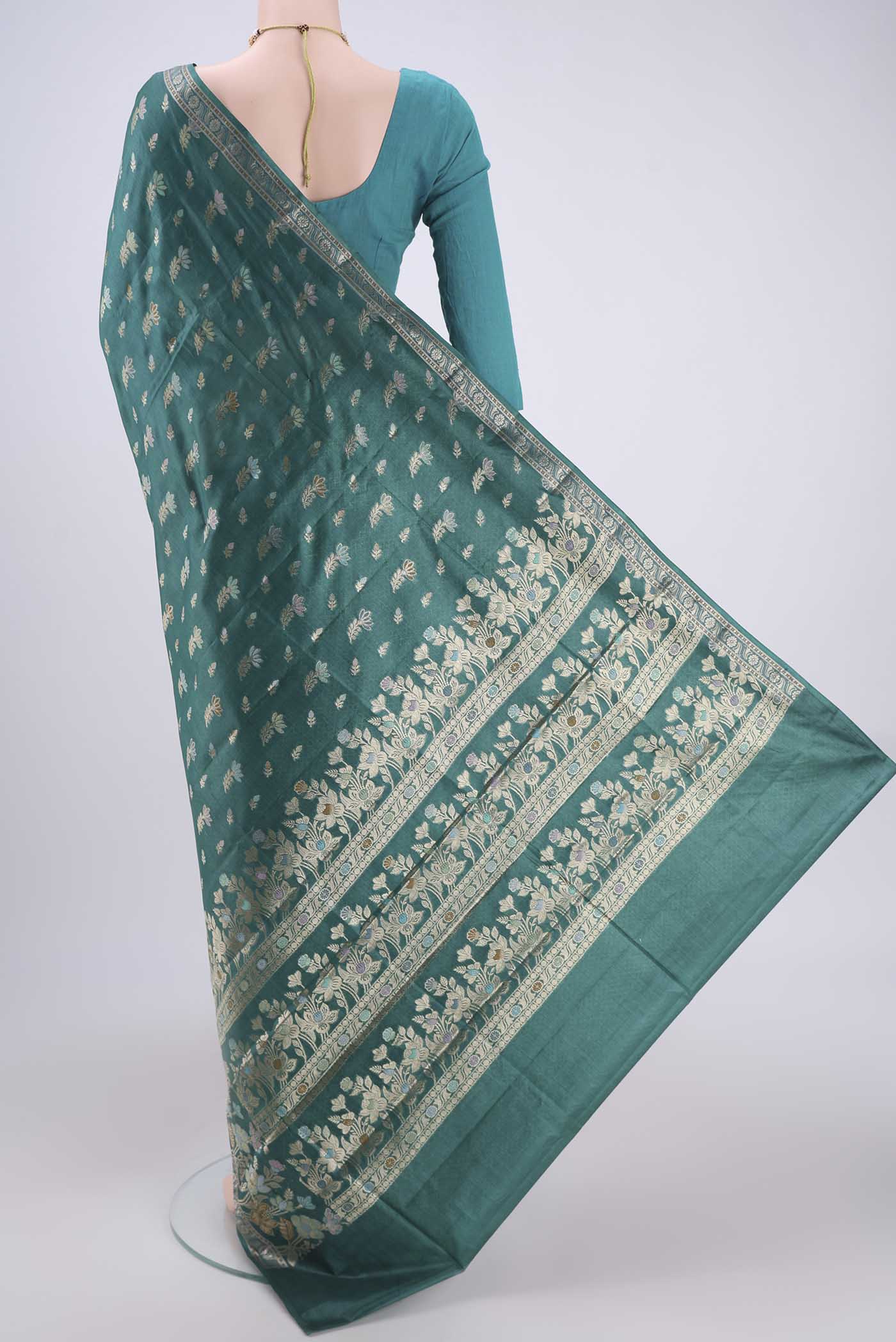Sea Green Banarasi Tussar Silk Saree - Image 3