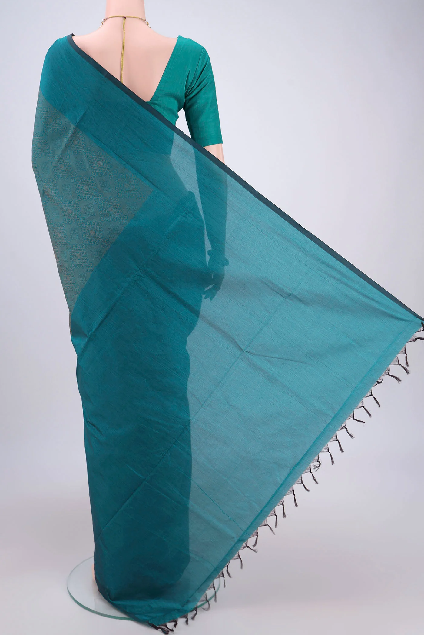 Teal Blended Poly Cotton Saree - Image 3