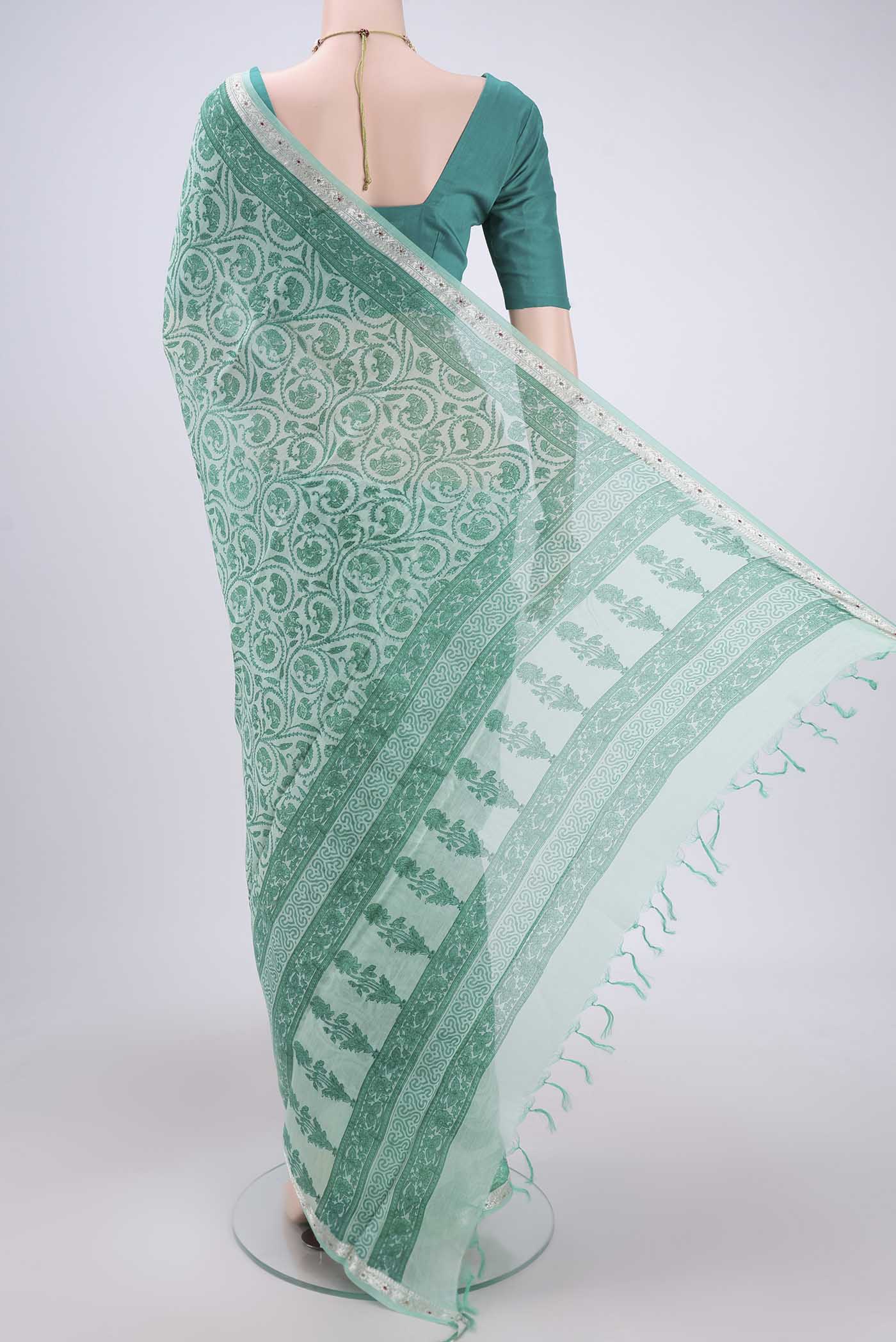 Sea Green Chanderi Silk Cotton Saree - Image 3