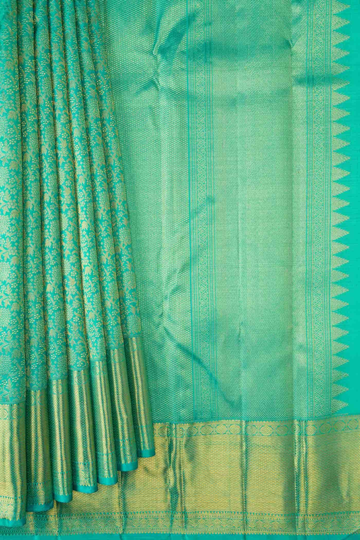 Pure Silk Pure Zari Sea Green Dual Tone Kanjivaram Saree - Image 2