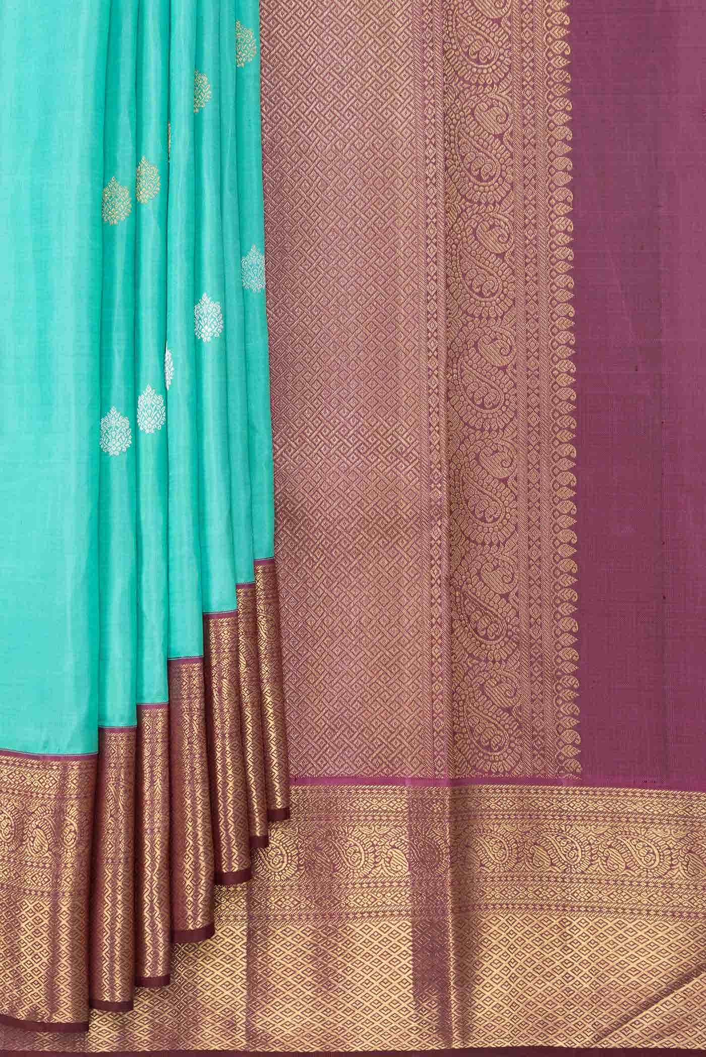 Pure Silk Pure Zari Sea Green Dual Tone Kanjivaram Saree - Image 2