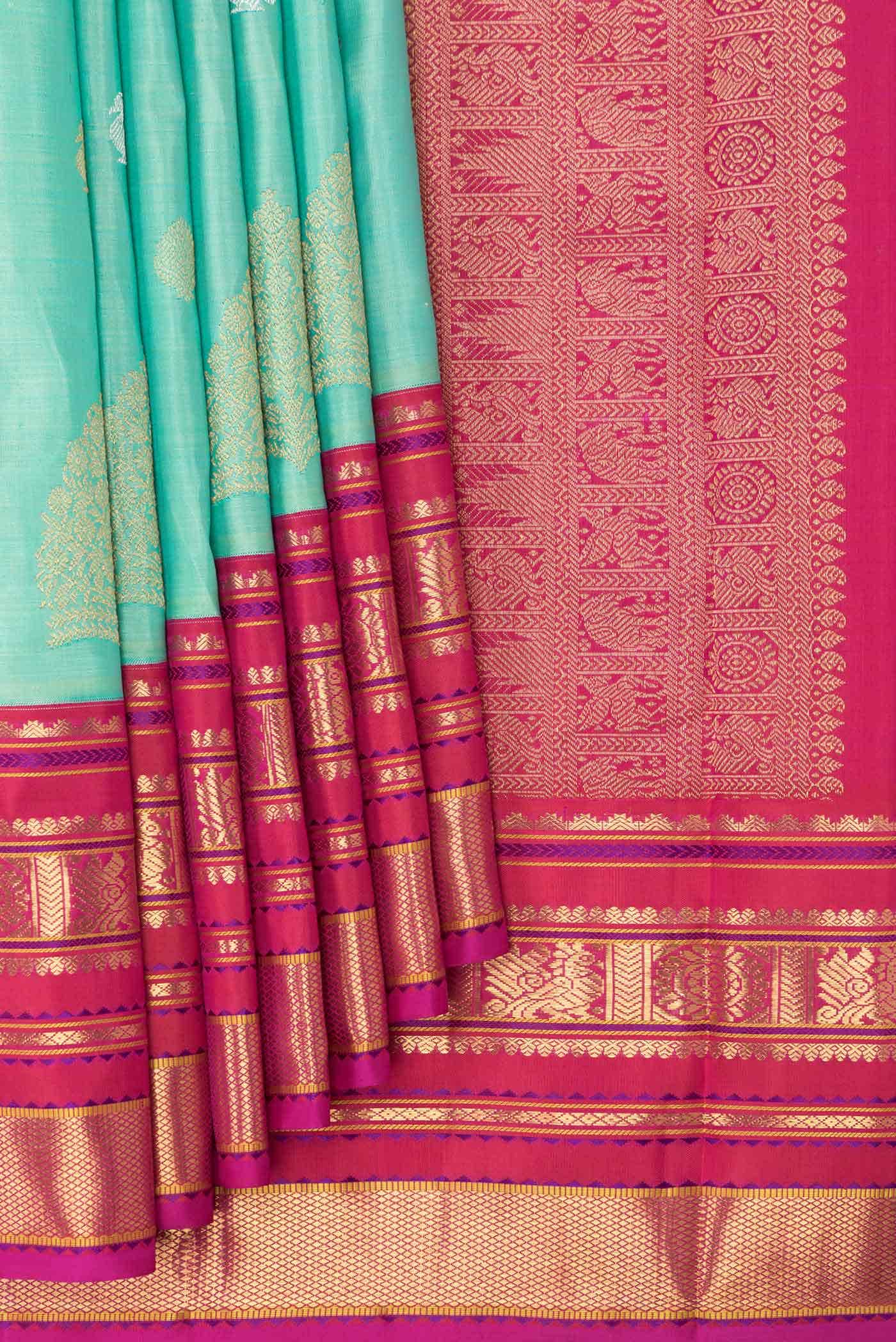 Pure Silk Pure Zari Sea Green Dual Tone Kanchipuram Saree - Image 2