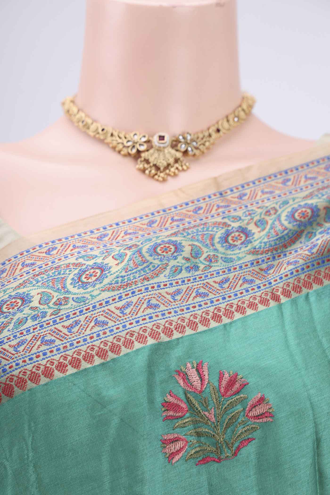 Sea Green Banarasi Tussar Silk Saree - Image 2