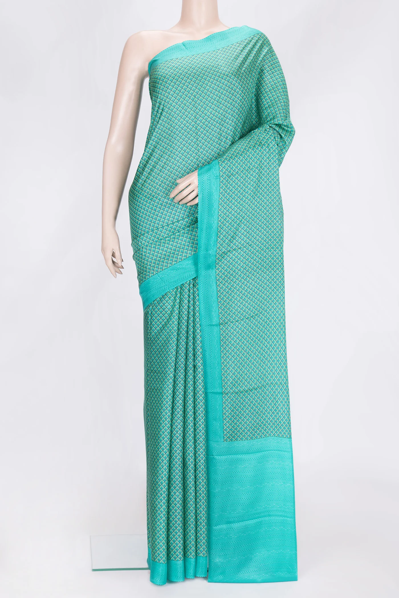 Turquoise Printed Silk Saree