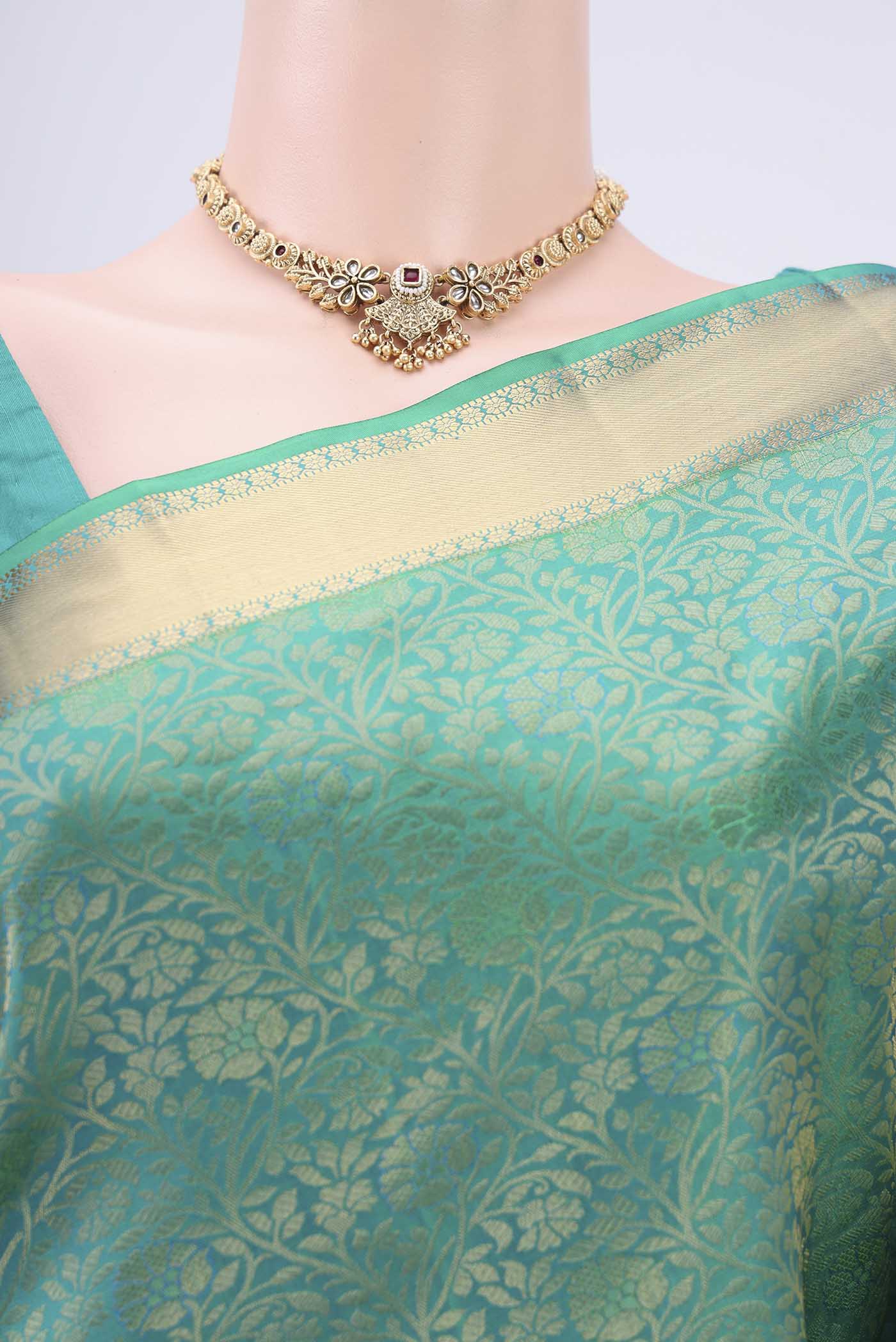 Turquoise Dual Tone Soft Silk Saree - Image 2