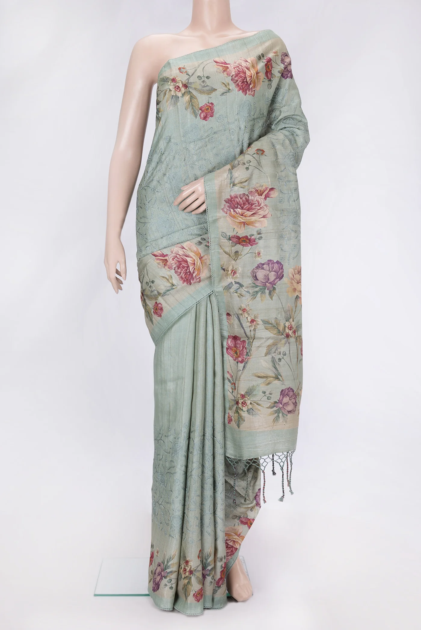 Sea Green Tussar Silk Saree