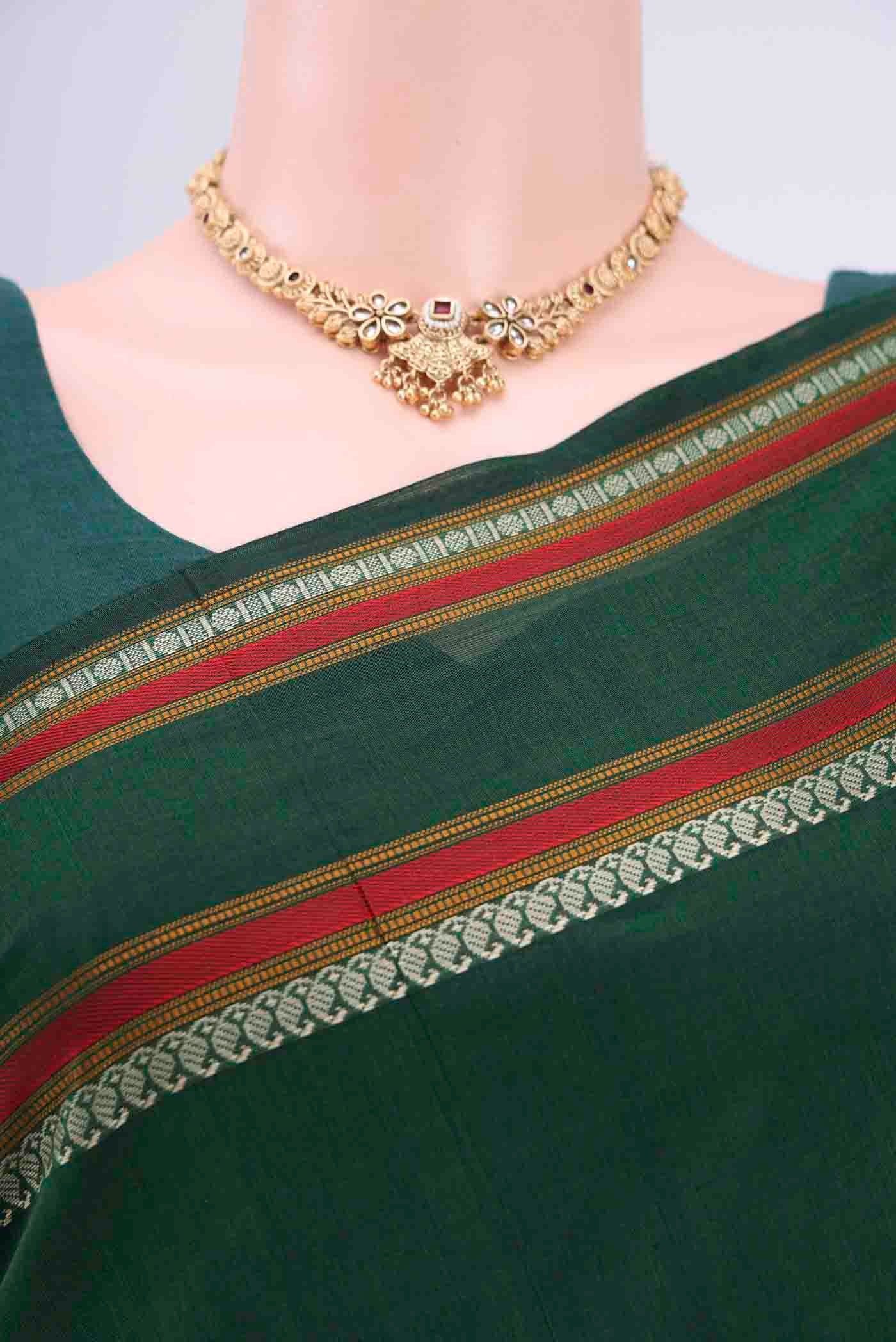 Bottle Green Kanchi Cotton Saree - Image 2