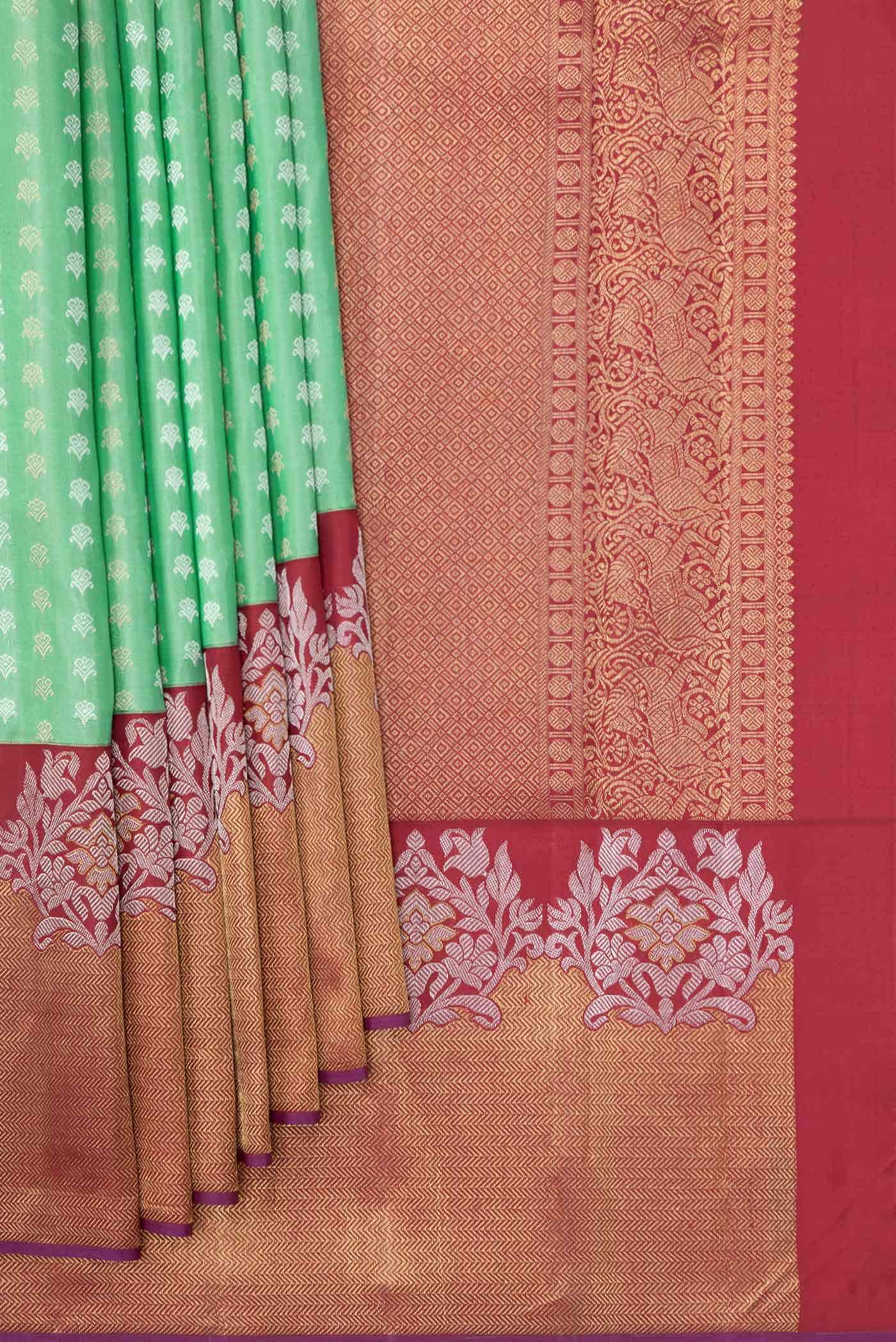 Pure Silk Pure Zari Sea Green Kanjivaram Saree - Image 2