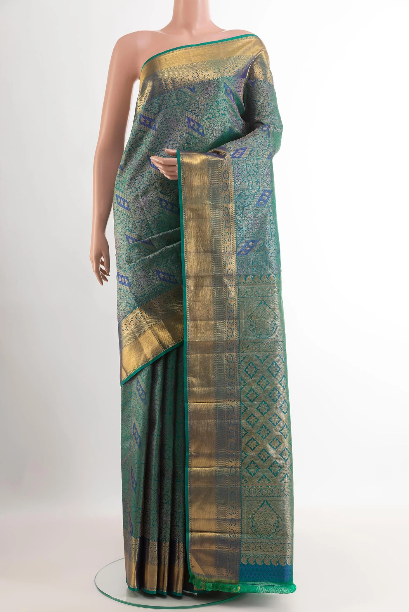 Green with Blue Color Kanjivaram Silk Saree
