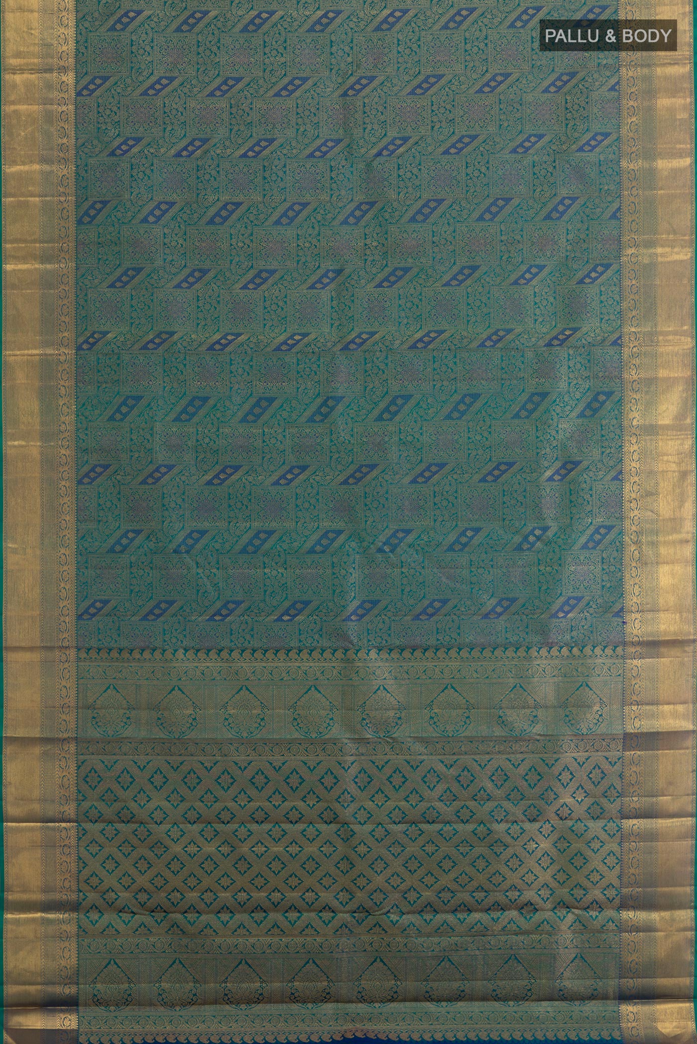 Green with Blue Color Kanjivaram Silk Saree - Image 3