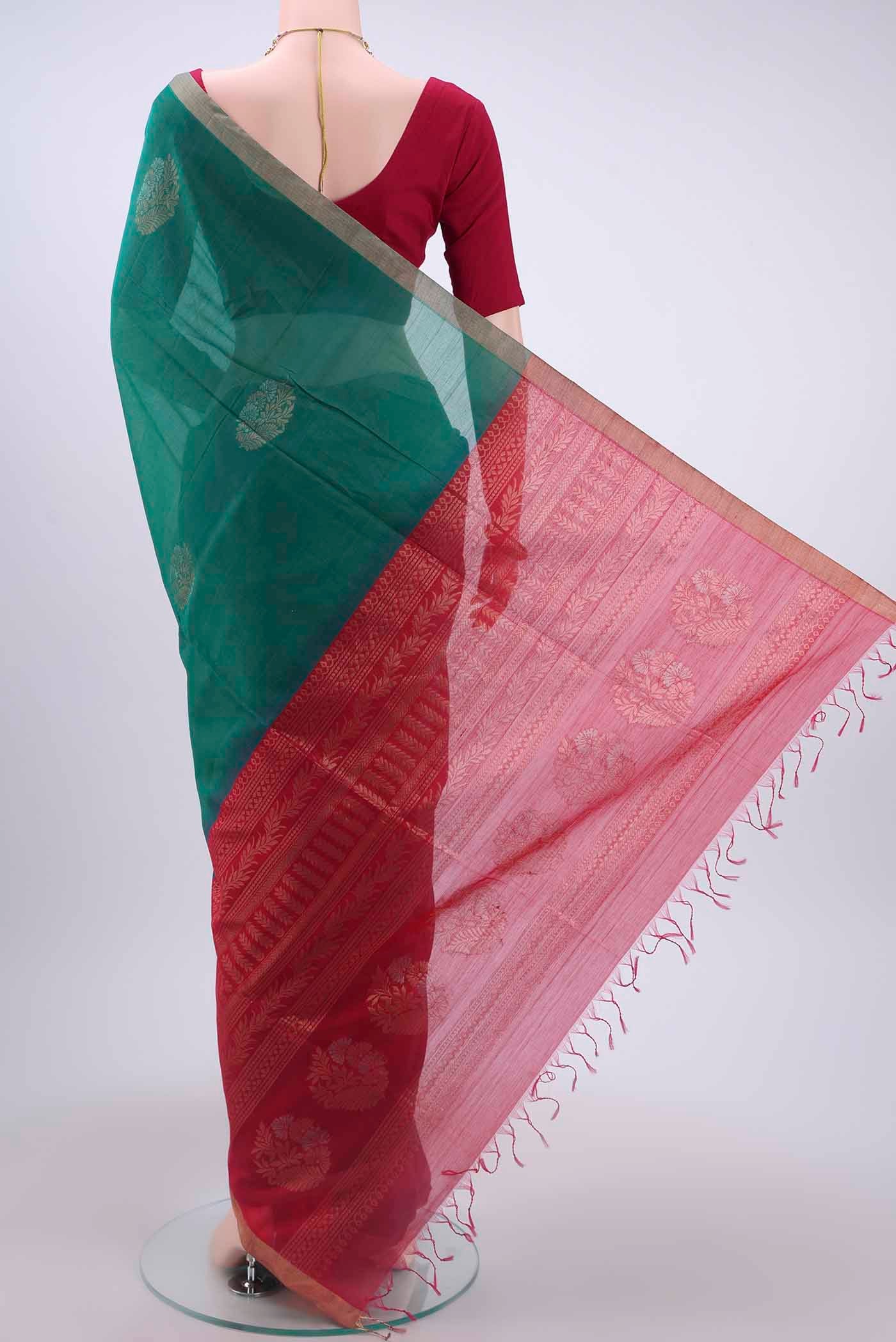 Sea Green Kora Cotton Saree - Image 3