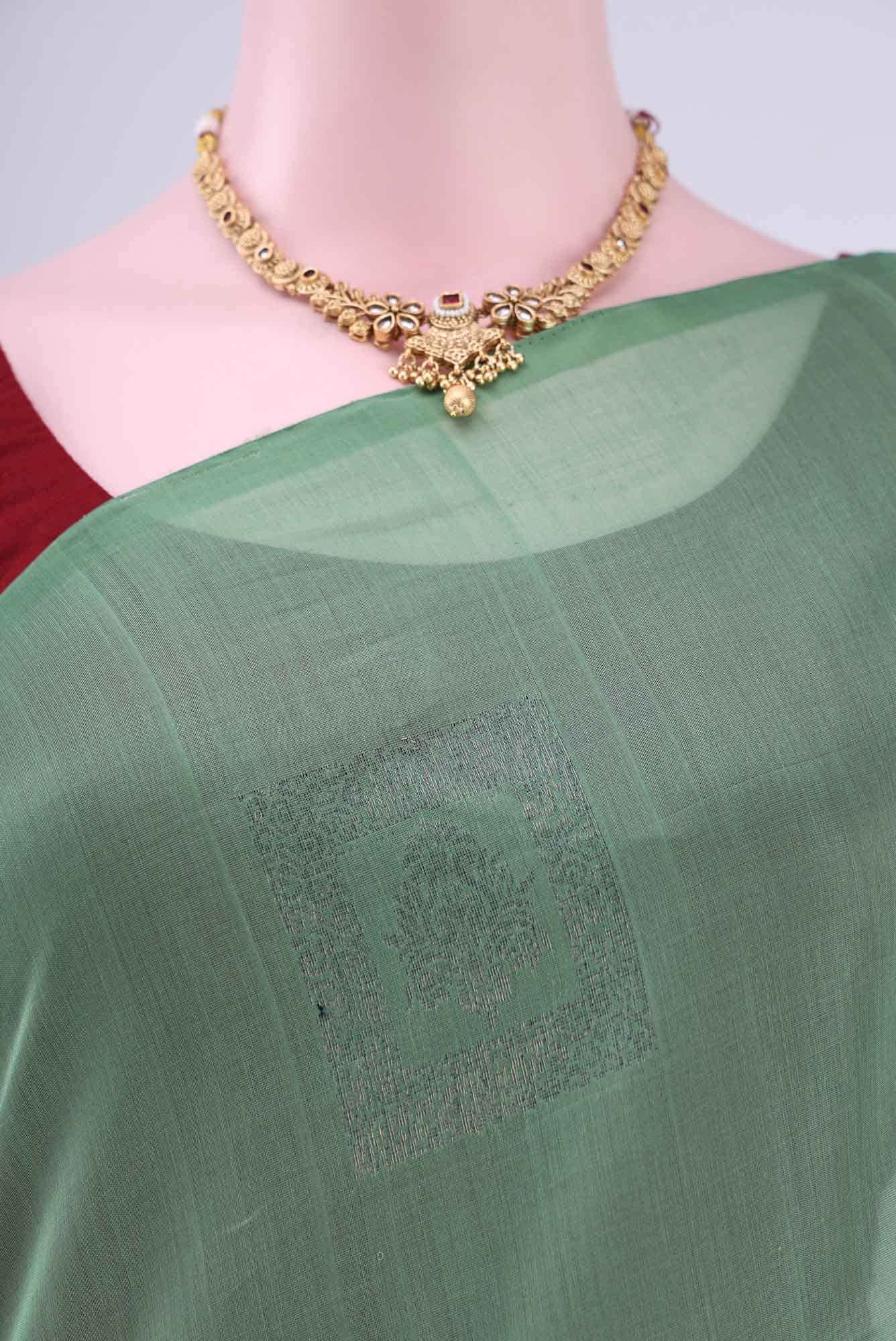 Sea Green Kora Cotton Saree - Image 3