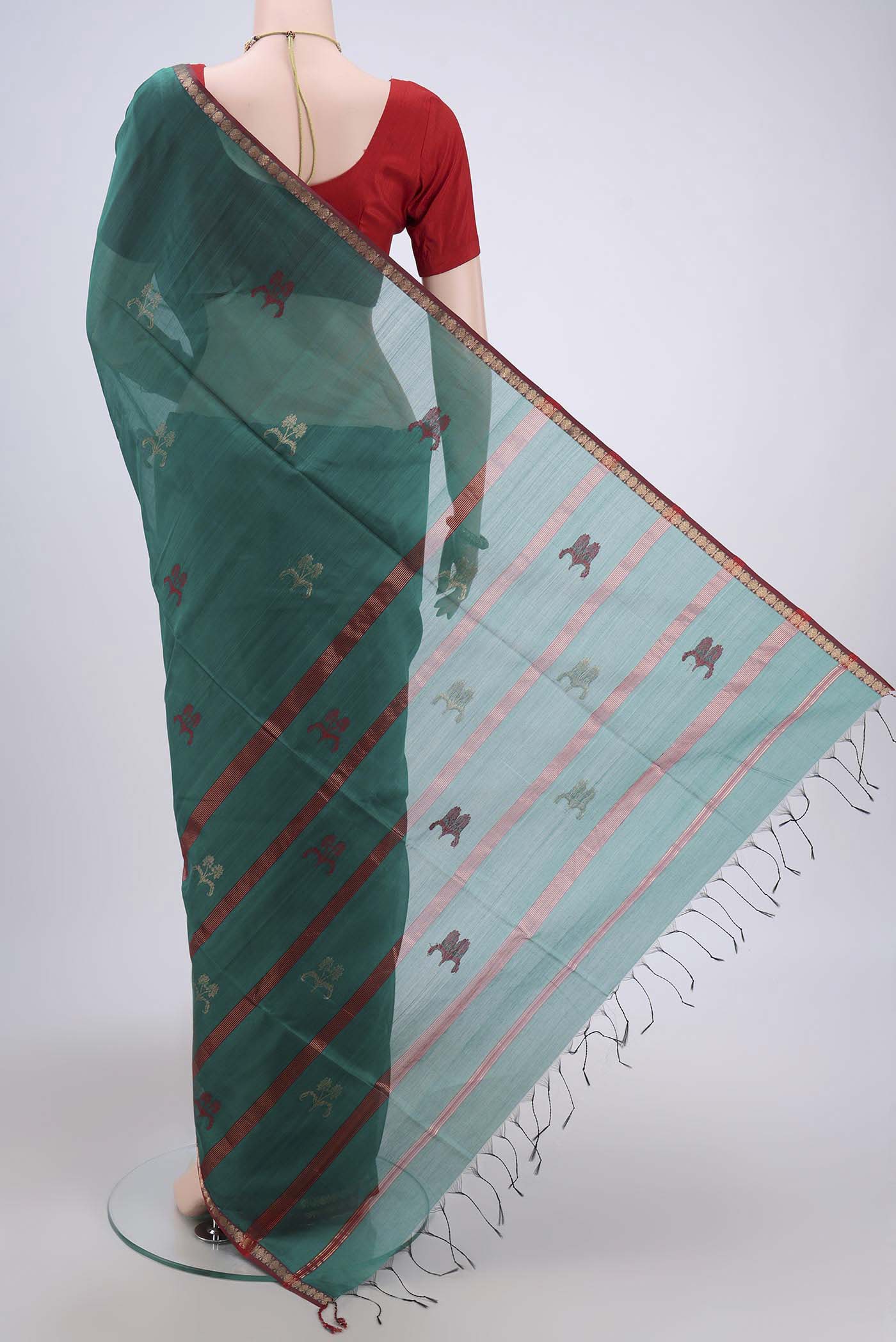 Sea Green Maheshwari Silk Cotton Saree - Image 3