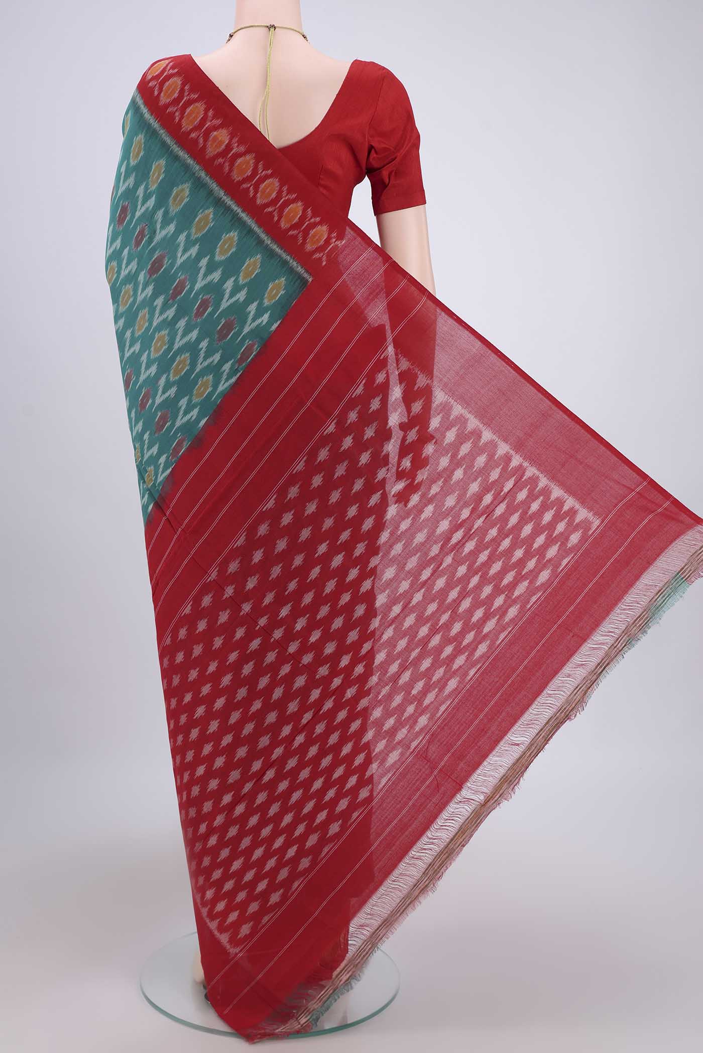 Sea Green Pochampally Cotton Saree - Image 3