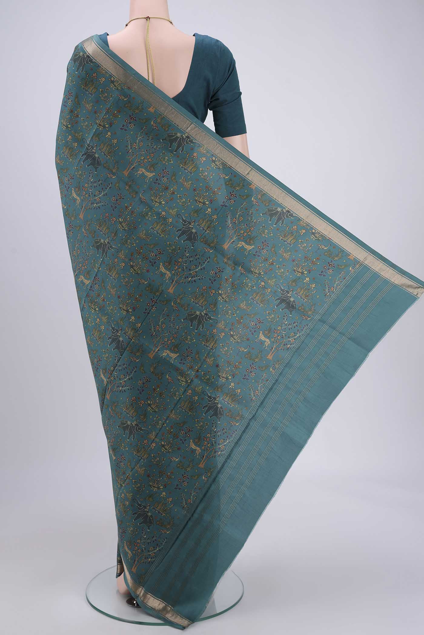 Blue Printed Silk Saree - Image 3