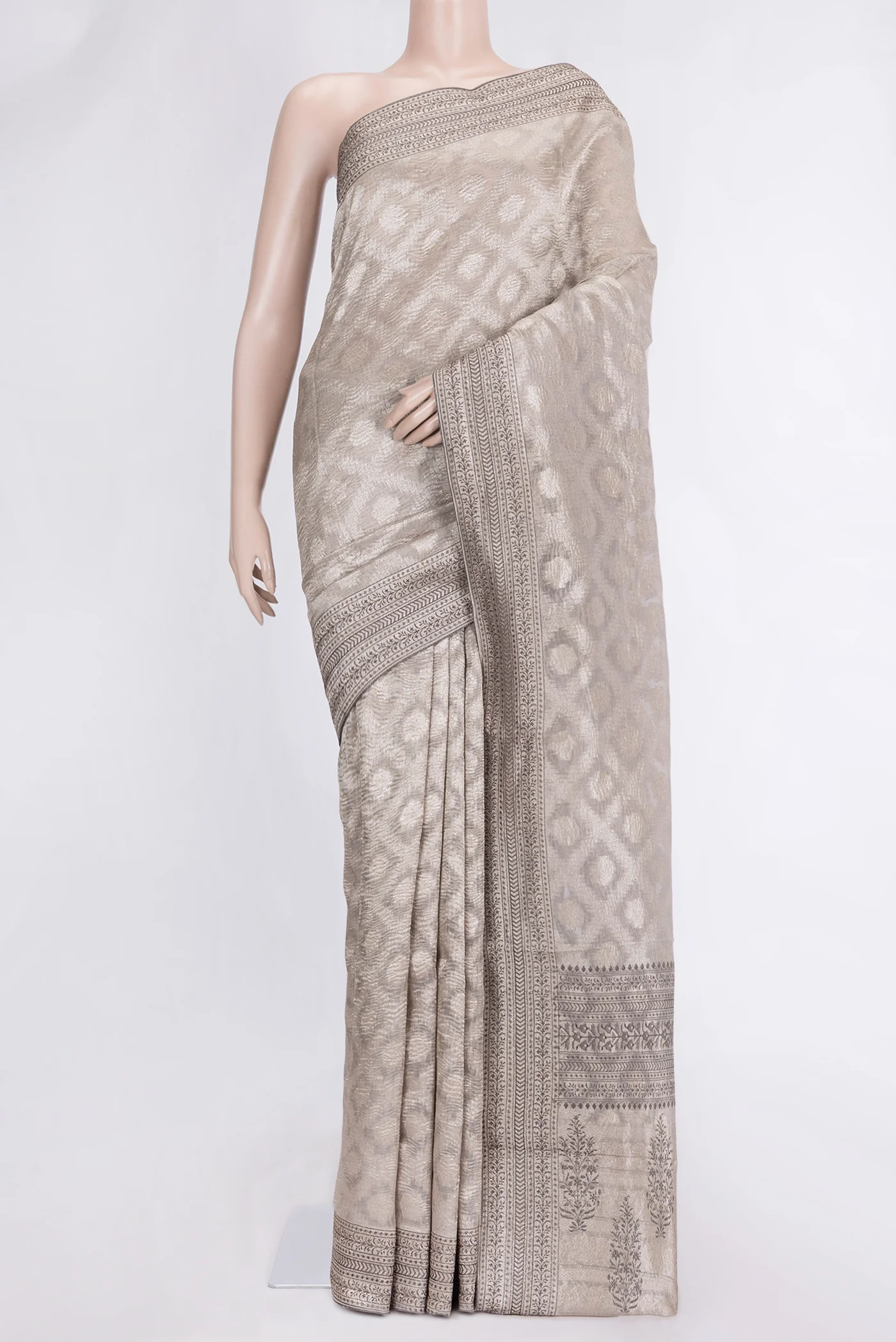 Beige with Silver Color Organza Silk Saree