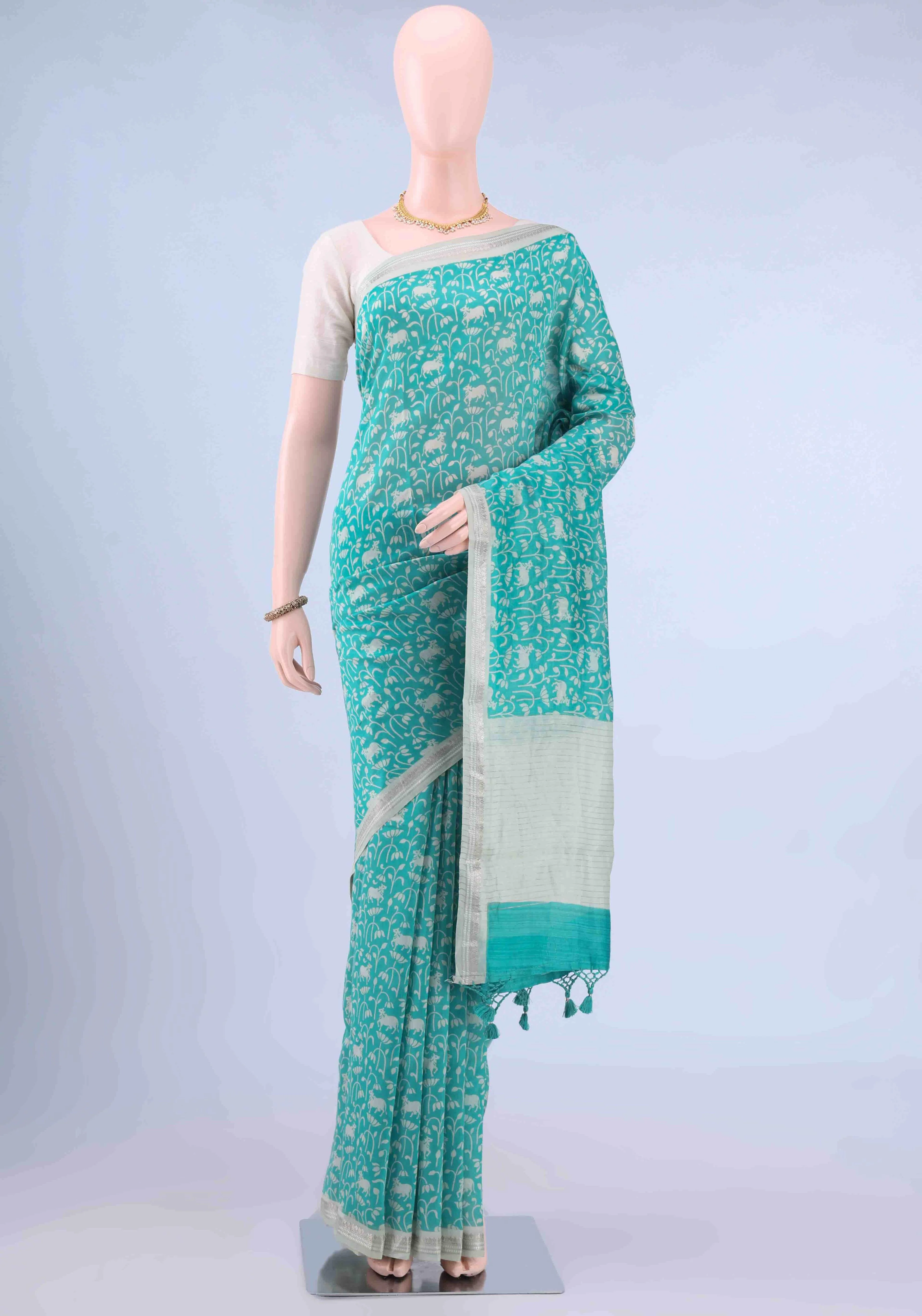 Sky Blue Bengal Cotton - Tangail Saree