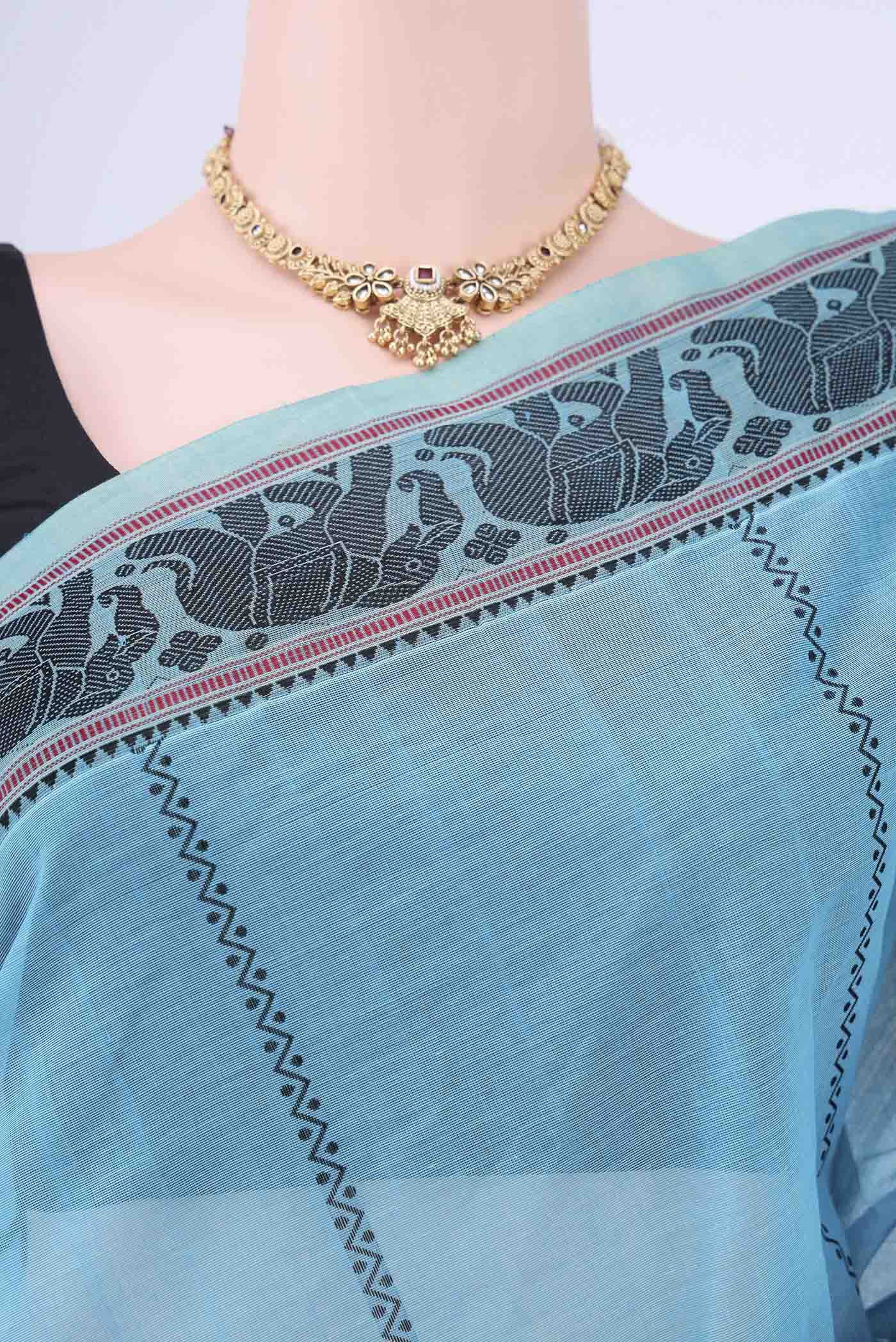 Sky Blue Cotton Saree - Image 2