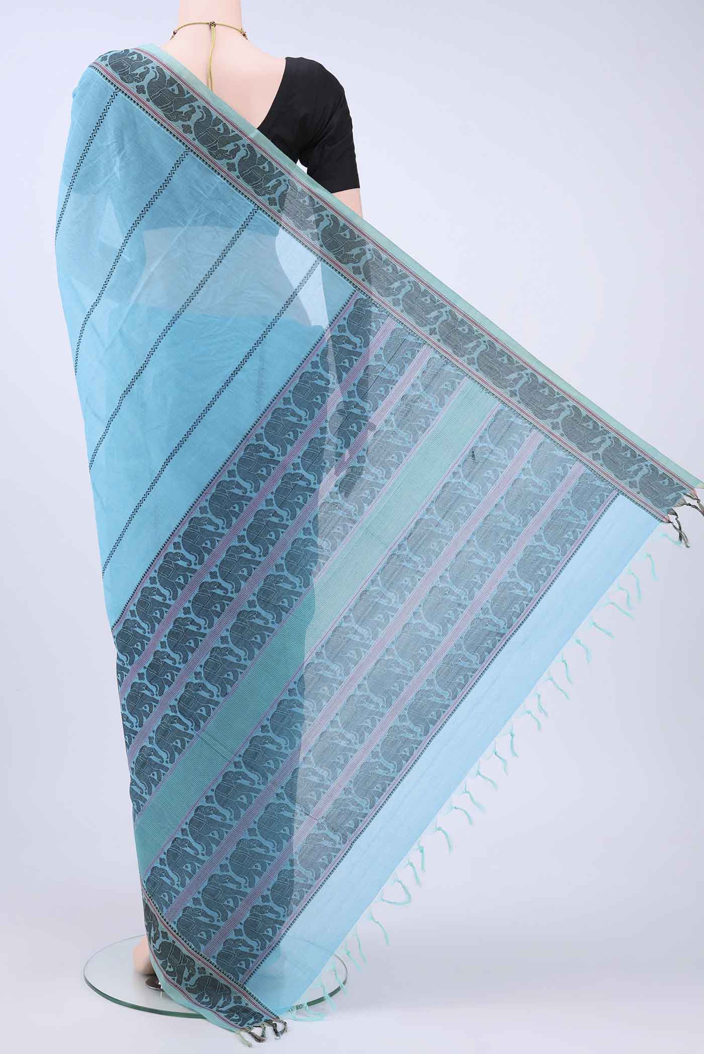 Sky Blue Cotton Saree - Image 3