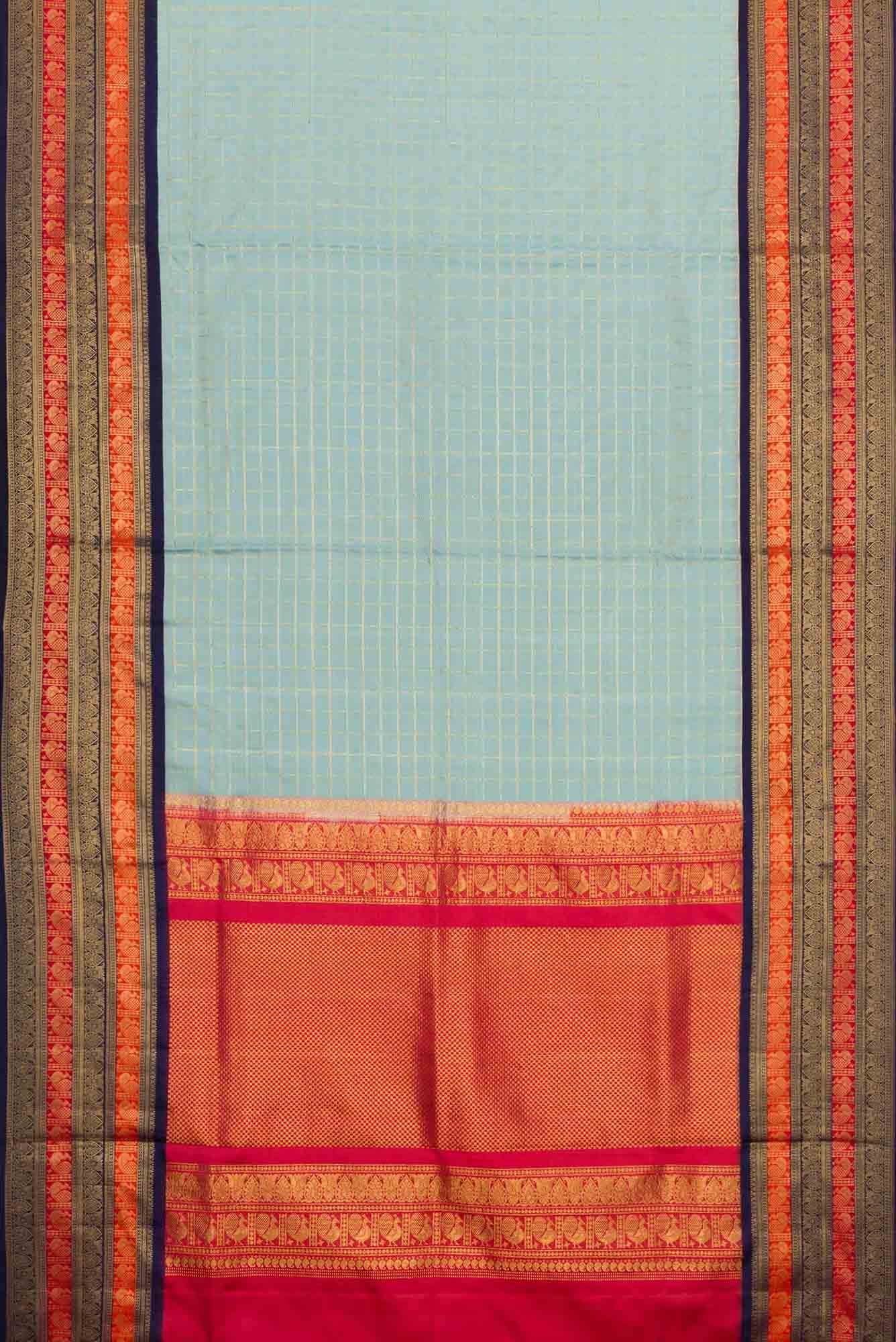 Pure Silk Pure Zari Sky Blue Double Ikat Saree - Image 4