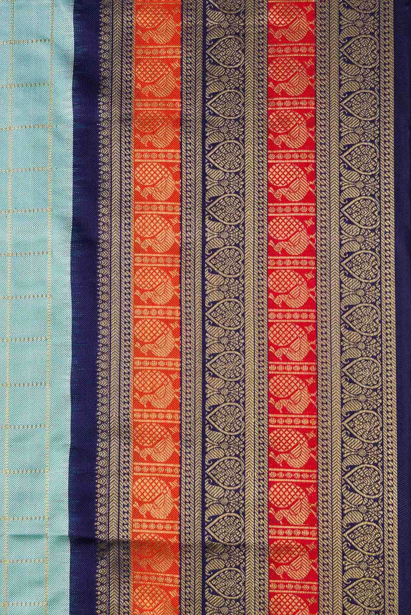 Pure Silk Pure Zari Sky Blue Double Ikat Saree - Image 5