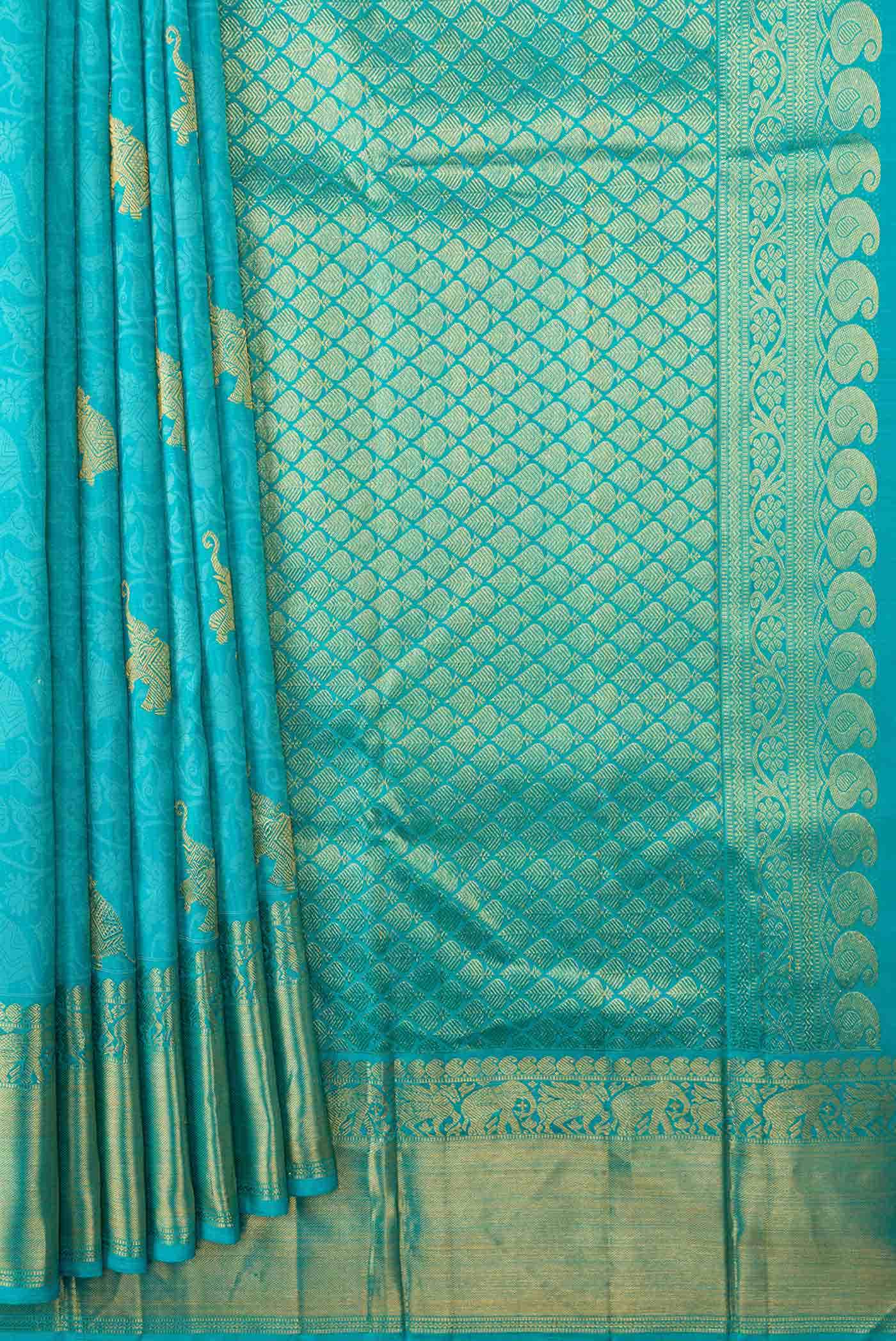Pure Silk Pure Zari Sky Blue Dual Tone Kanjivaram Saree - Image 2