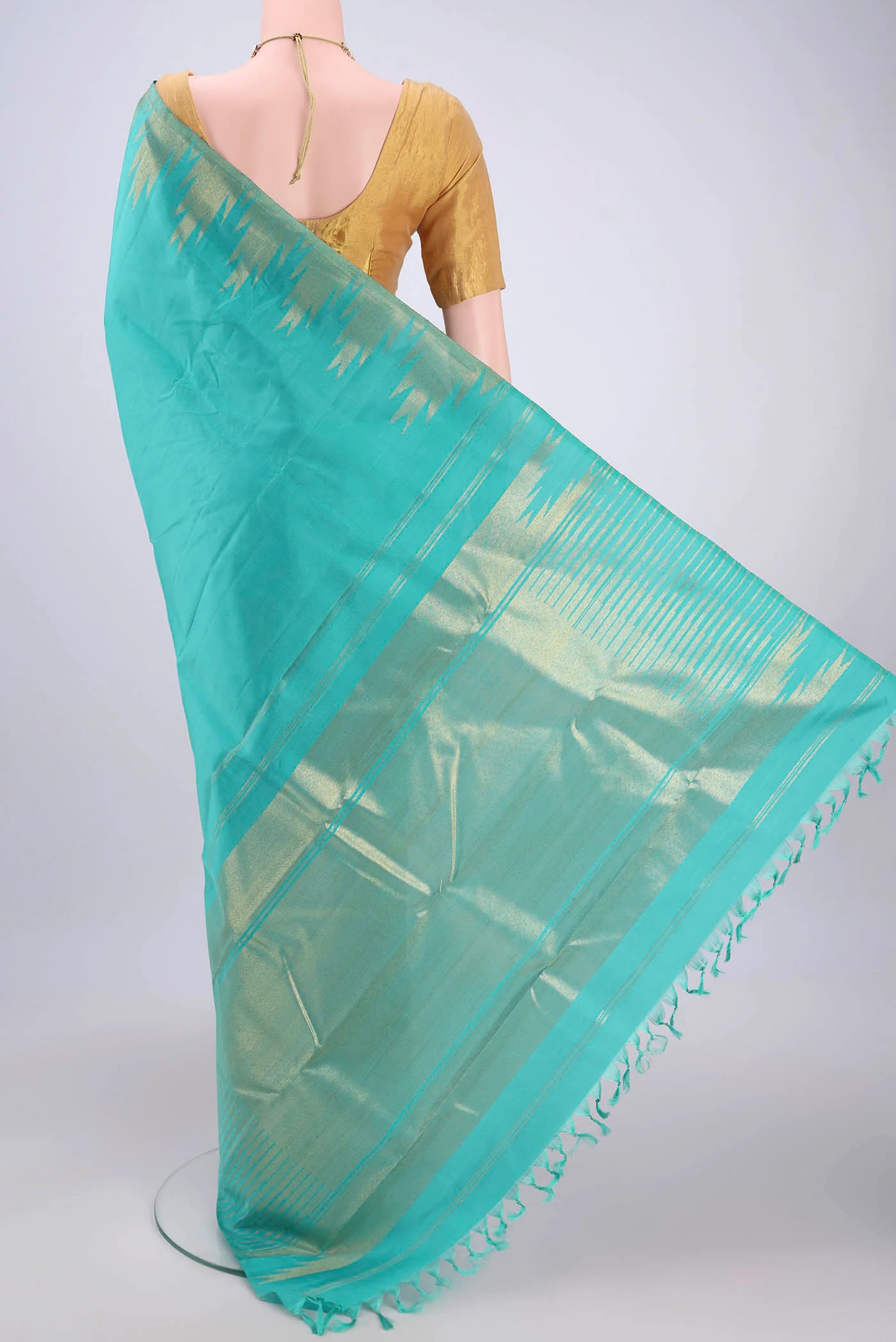 Pure Silk Pure Zari Sky Blue Kanchipuram Saree - Image 3