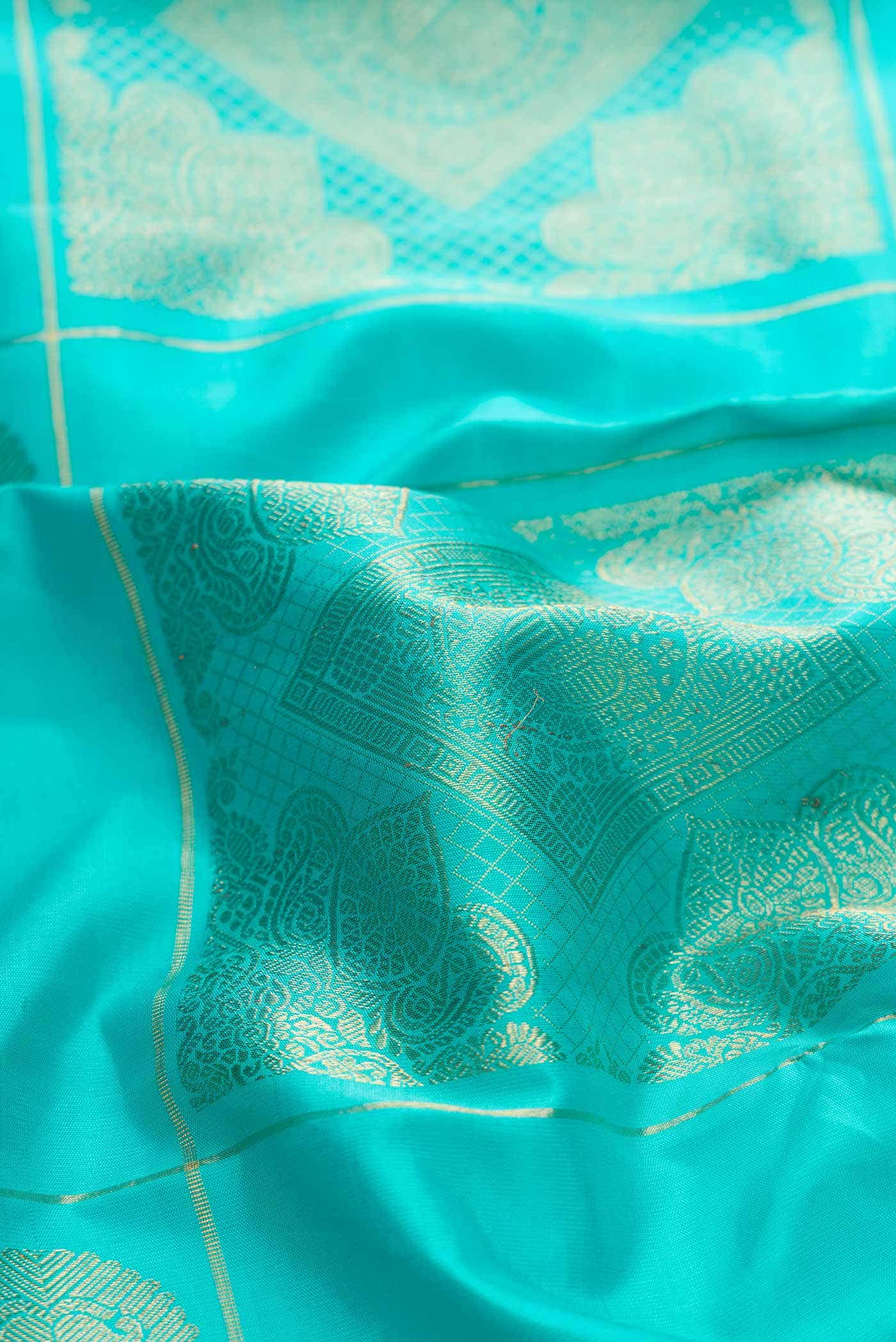 Pure Silk Pure Zari Sky Blue Kanchipuram Saree - Image 3