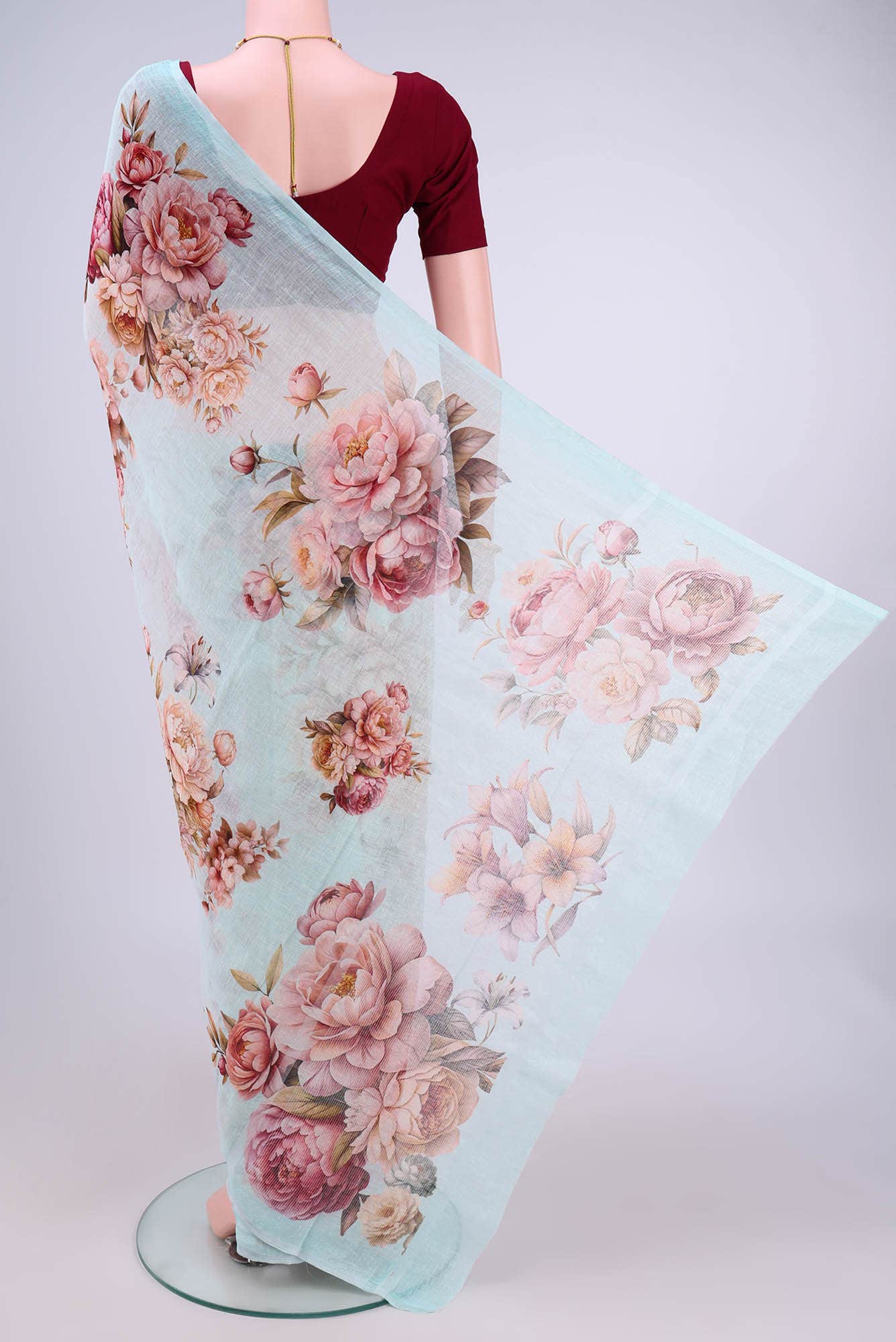 Sky Blue Linen Cotton Saree - Image 2